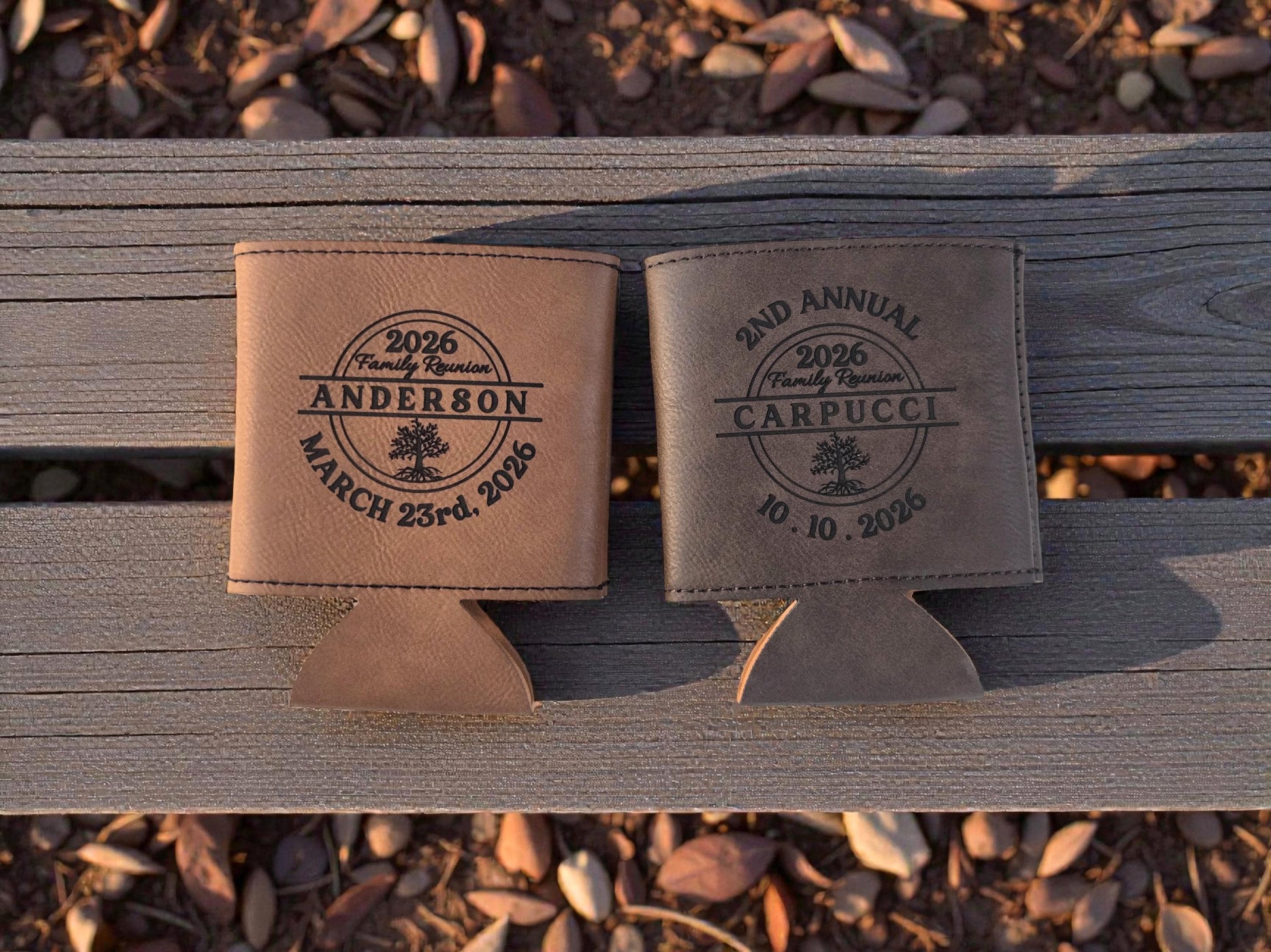 Family Reunion Bulk Party Favors, Personalized Engraved Leatherette Beverage Holder, Reunion Party Gift, Gold/Silver/Rawhide/Brown/Gray