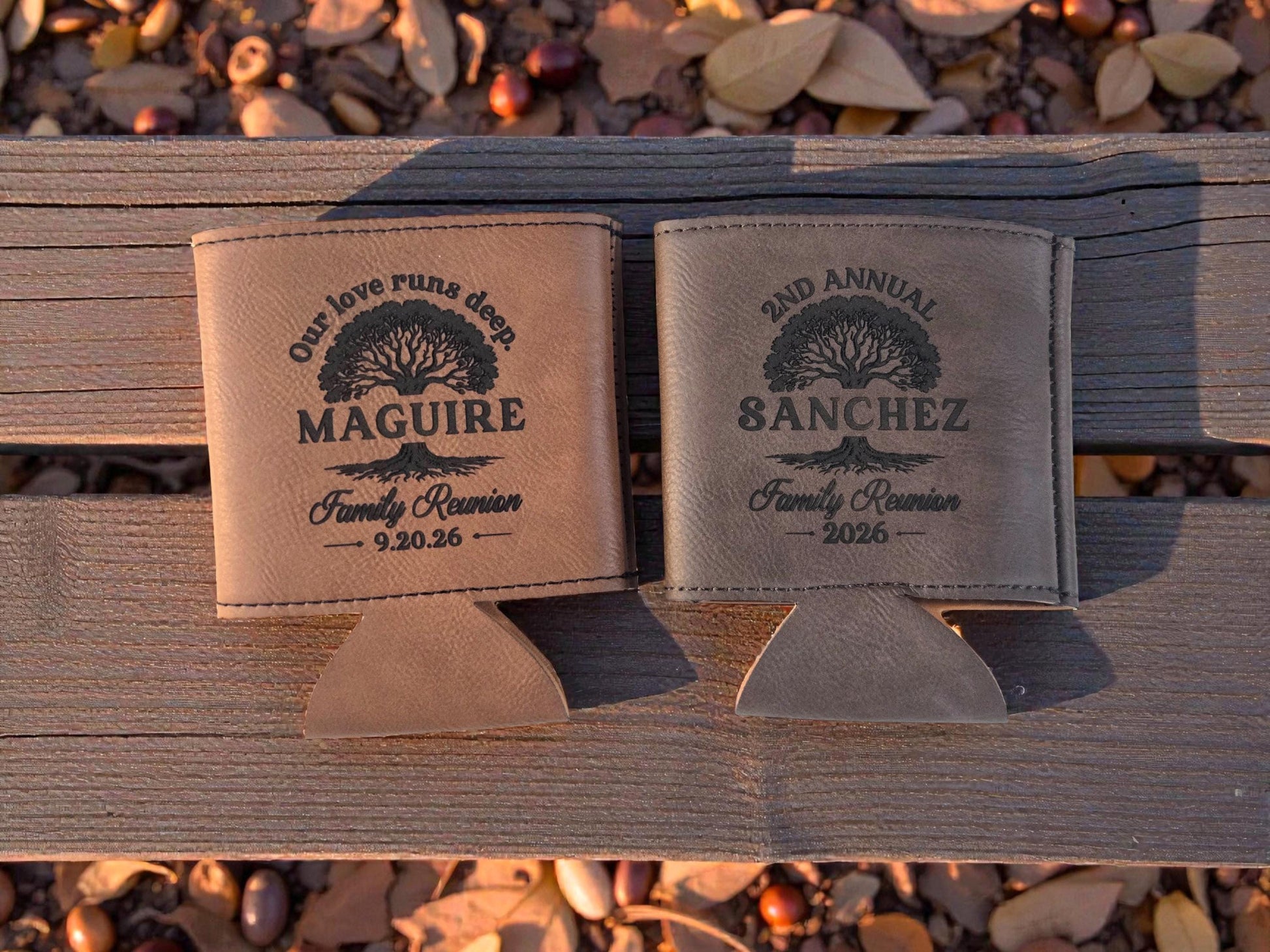 Family Reunion Party Favor, Custom Engraved Leatherette Can Holder, Bulk Reunion Personalized Party Gifts, Silver/Gold/Brown/Rawhide/Gray