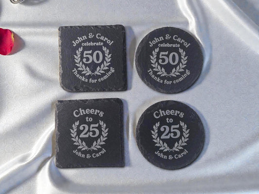 Anniversary Party Favors, Custom Engraved Slate Coaster, Round Or Square, Bulk Anniversary Keepsakes, Personalized Celebratory Party Gifts