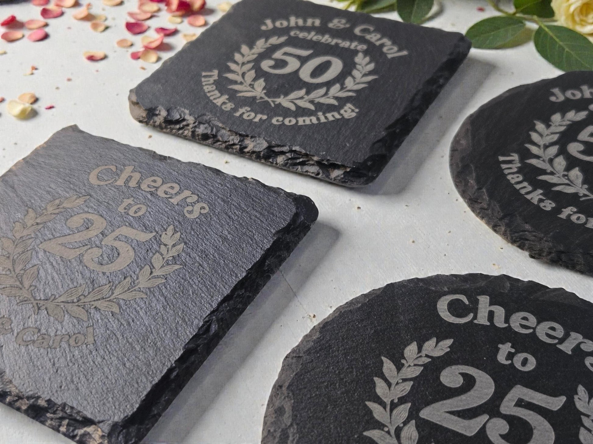 Anniversary Party Favors, Custom Engraved Slate Coaster, Round Or Square, Bulk Anniversary Keepsakes, Personalized Celebratory Party Gifts