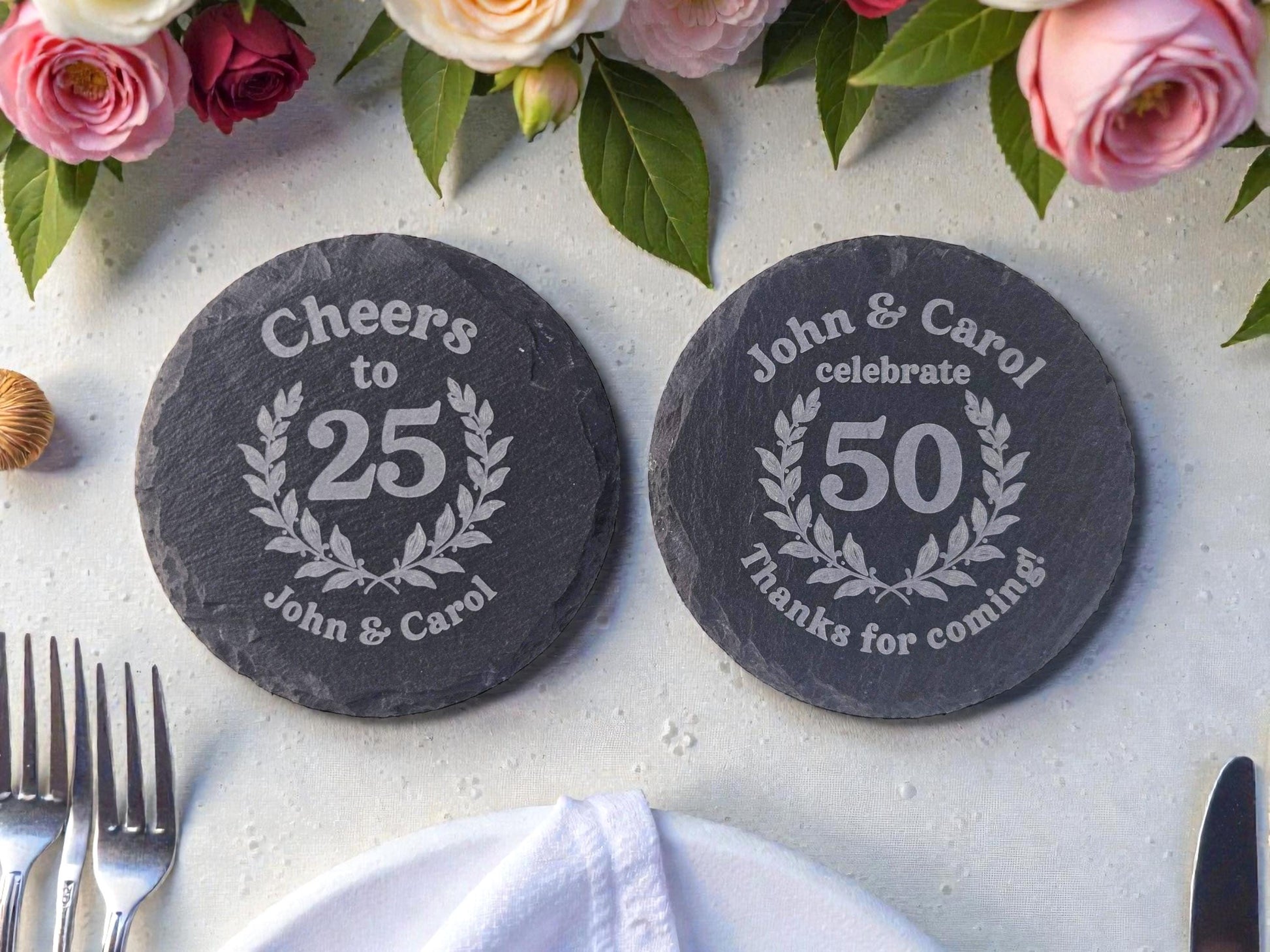 Anniversary Party Favors, Custom Engraved Slate Coaster, Round Or Square, Bulk Anniversary Keepsakes, Personalized Celebratory Party Gifts