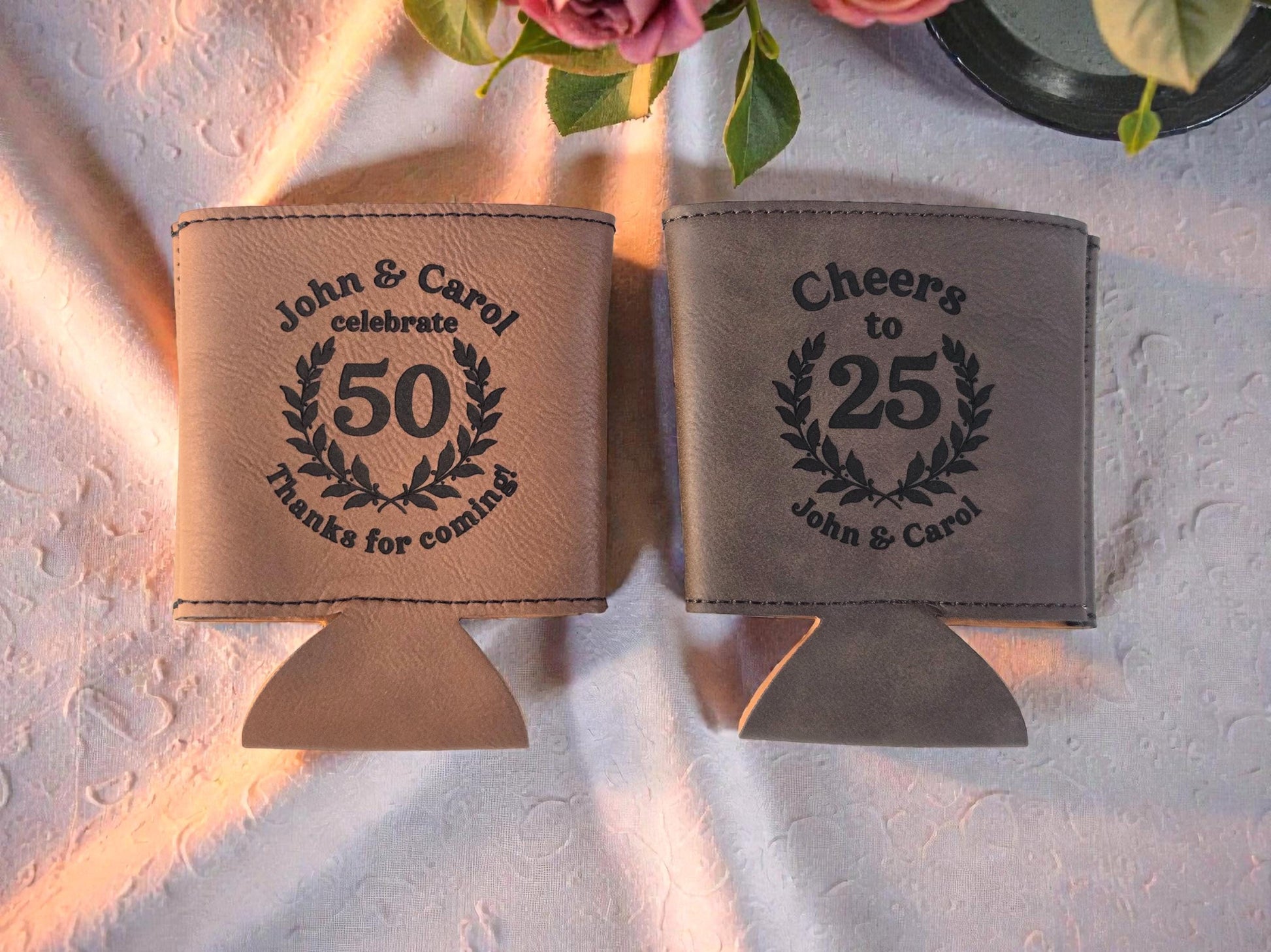Anniversary Party Favors, Custom Engraved Leatherette Can Holder, Bulk Anniversary Personalized Party Gifts, Silver/Gold/Rawhide/Brown/Gray