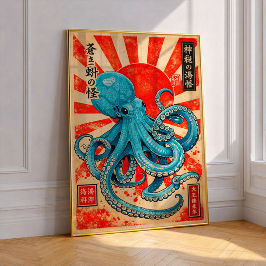 Octopus Wall Art, Japanese Vintage Poster, Ukiyo-E Print, Rising Sun Artwork, Sea Monster Decor, Nautical Wall Art, Tattoo Style Gift
