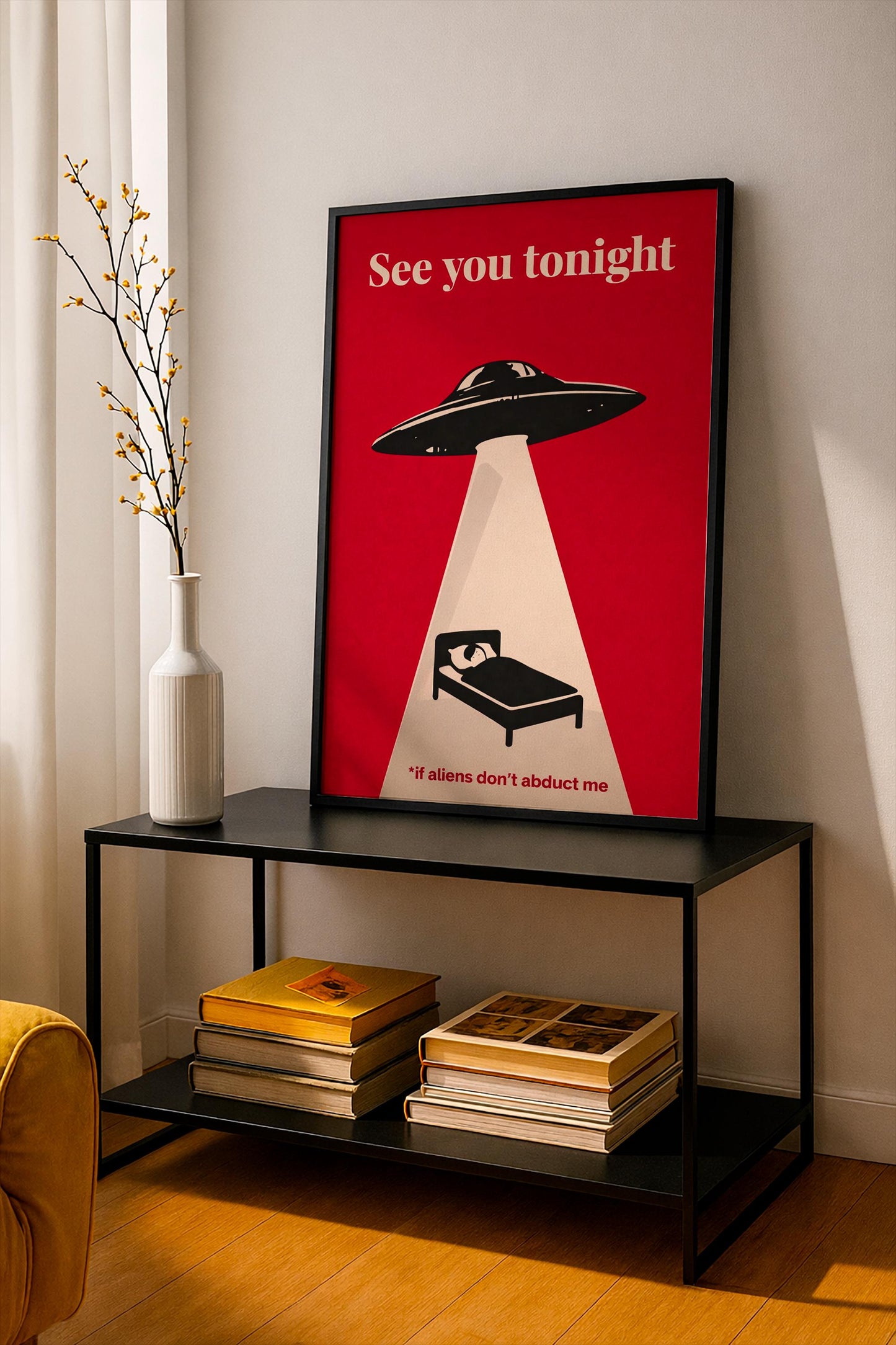 Alien Abduction Poster, UFO Wall Art, Funny Quote Print, Retro Sci Fi Poster, Minimalist Red Art, Bedroom Decor, Gift for Him