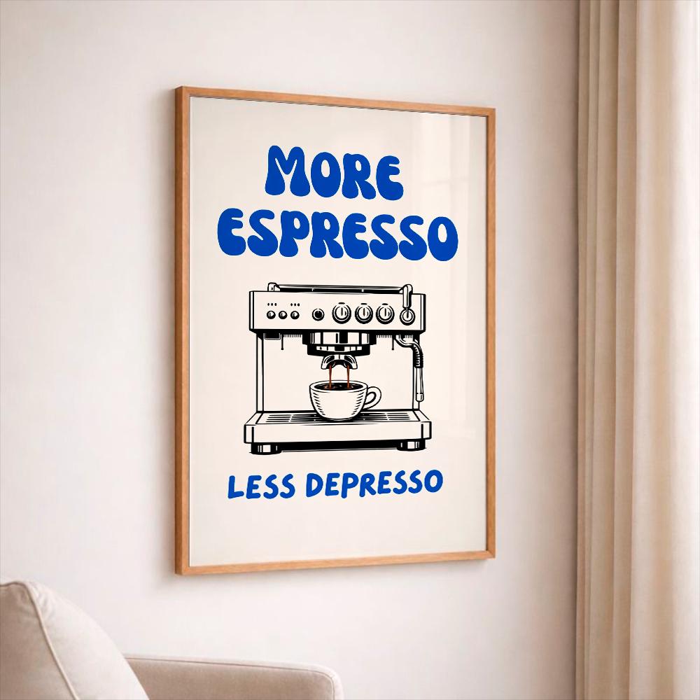 More Espresso Less Depresso, Coffee Lover Print, Espresso Machine Art, Funny Kitchen Wall Decor, Barista Gift, Retro Groovy Poster