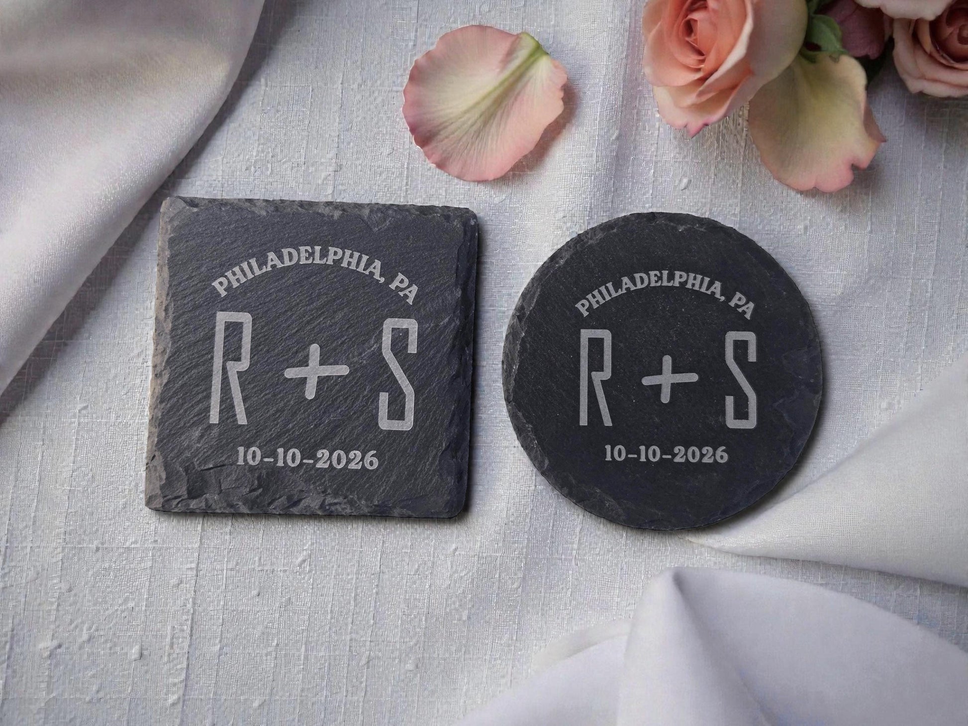 Bulk Wedding Favors, Personalized Slate Coasters, Custom Engraved Wedding Guest Favors, Round Or Square Slate Coasters
