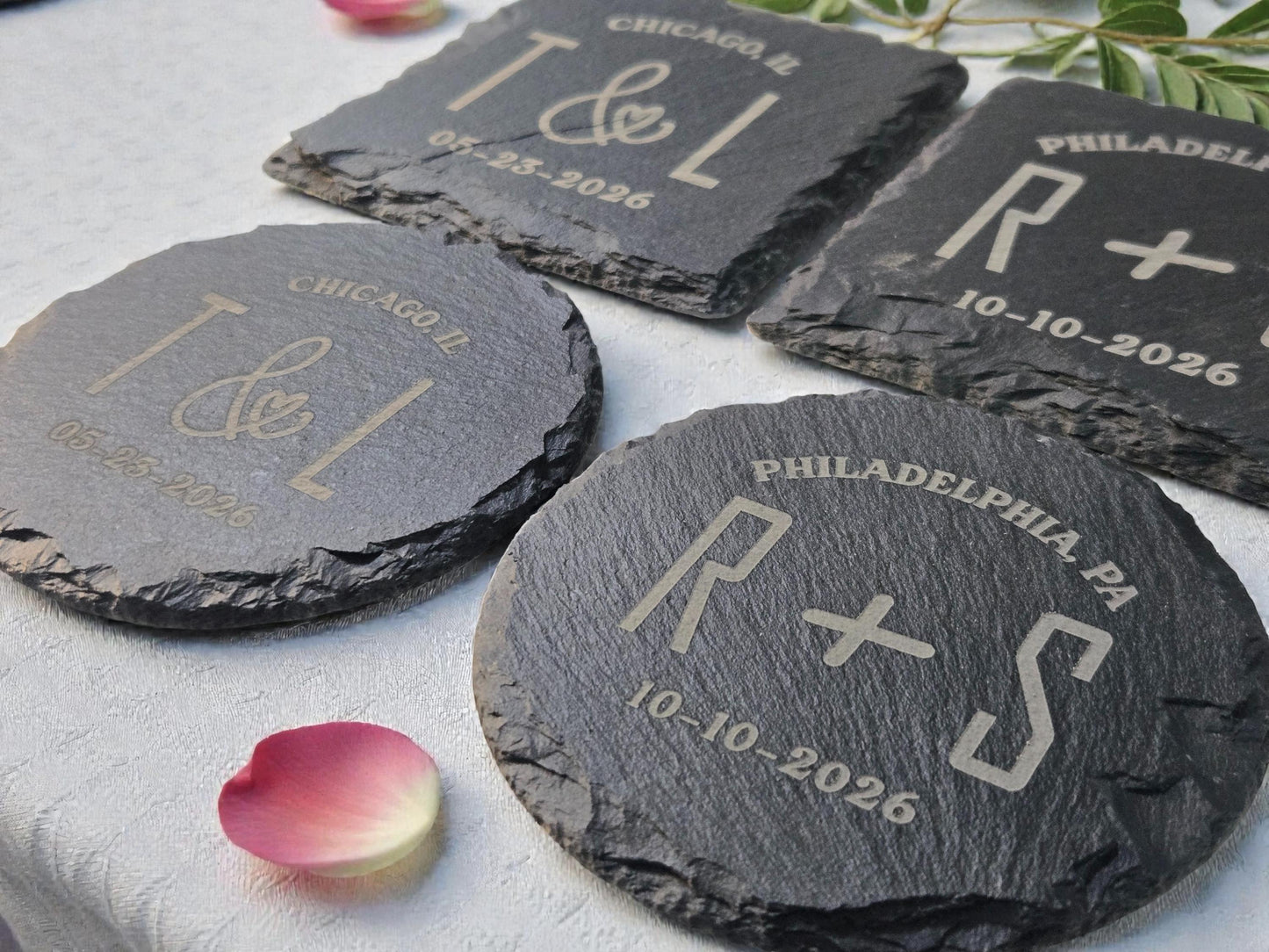Bulk Wedding Favors, Personalized Slate Coasters, Custom Engraved Wedding Guest Favors, Round Or Square Slate Coasters