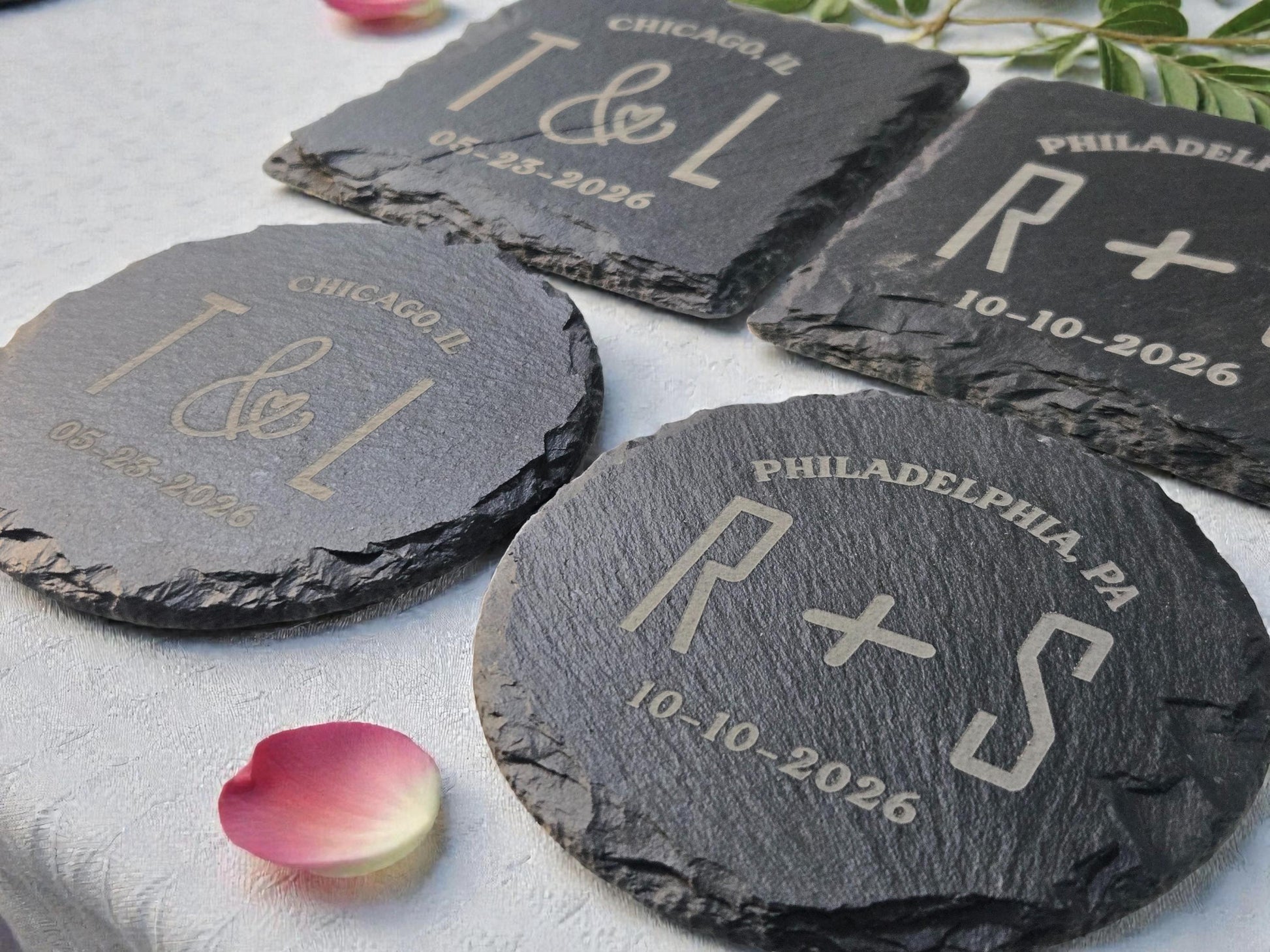 Bulk Wedding Favors, Personalized Slate Coasters, Custom Engraved Wedding Guest Favors, Round Or Square Slate Coasters