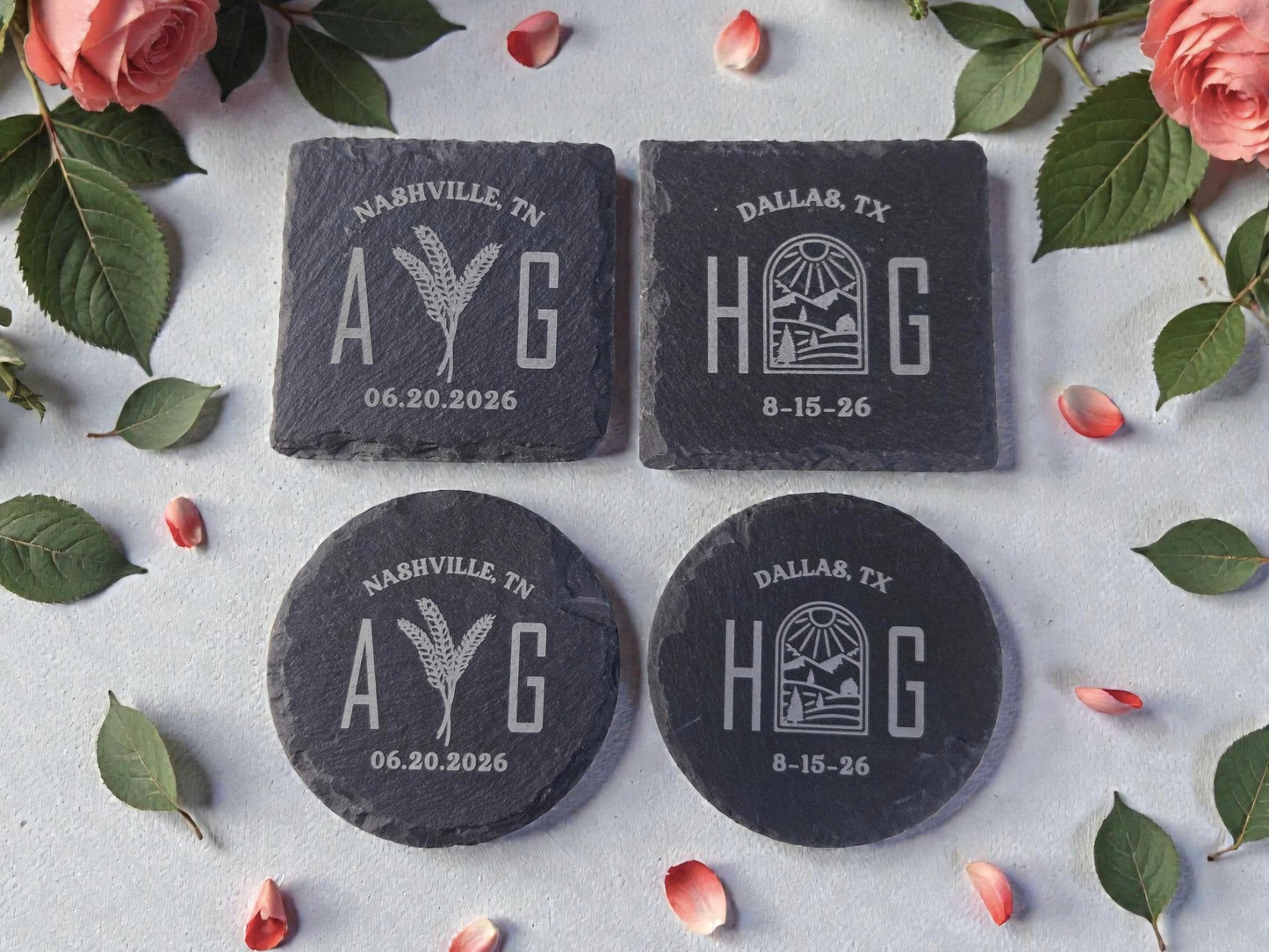 Farm Wedding Favors, Personalized Slate Coaster Bulk Wedding Favors, Custom Engraved Wedding Guest Favors, Round Or Square Slate Coasters