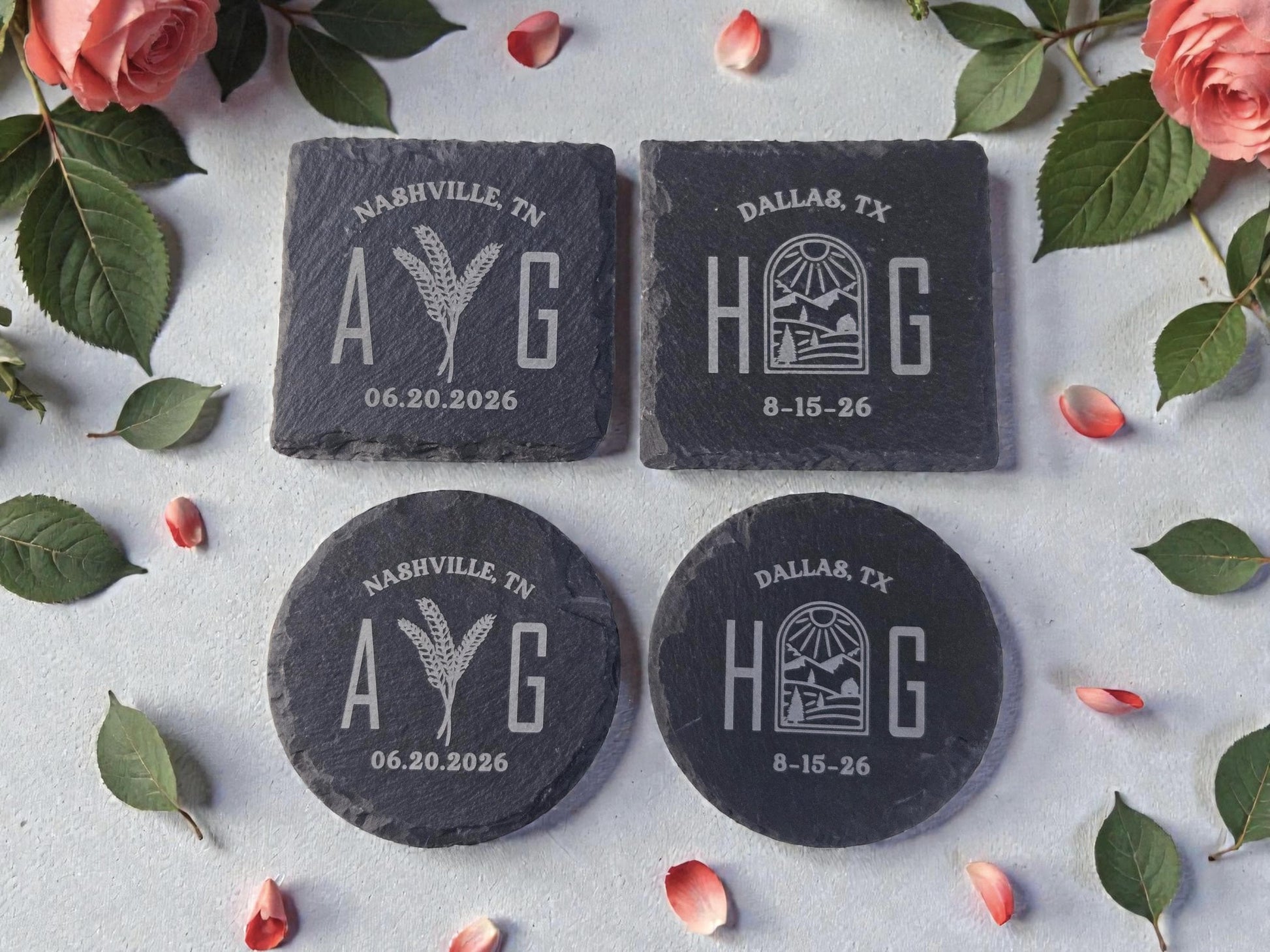 Farm Wedding Favors, Personalized Slate Coaster Bulk Wedding Favors, Custom Engraved Wedding Guest Favors, Round Or Square Slate Coasters