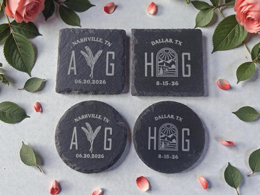 Farm Wedding Favors, Personalized Slate Coaster Bulk Wedding Favors, Custom Engraved Wedding Guest Favors, Round Or Square Slate Coasters