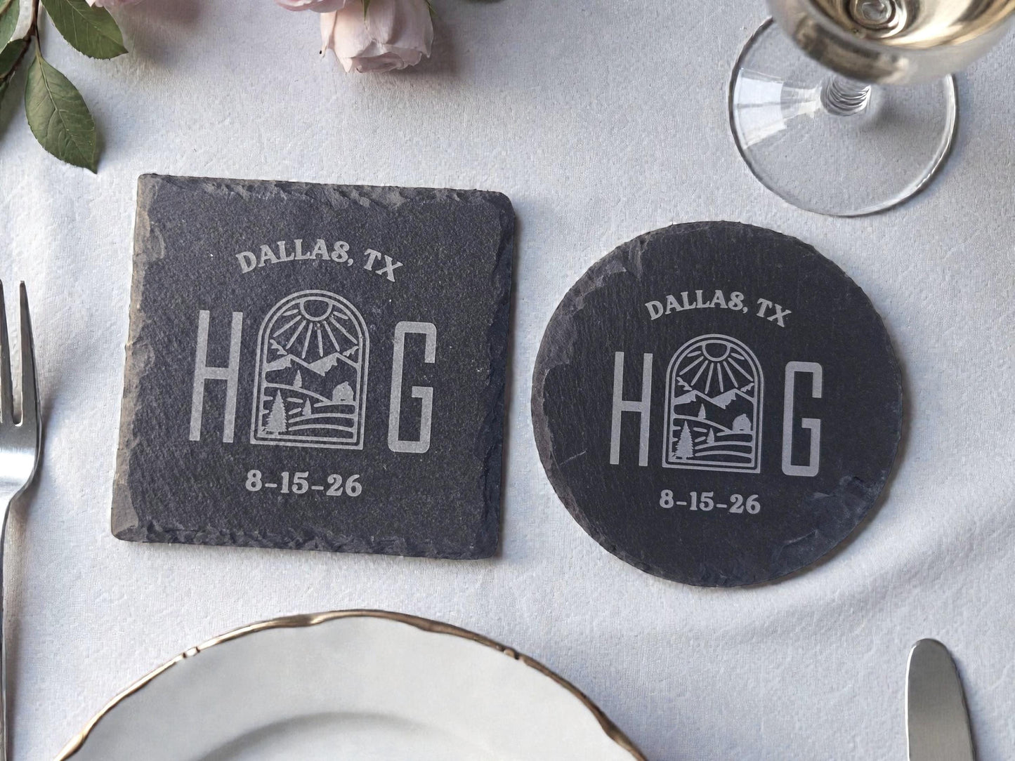 Farm Wedding Favors, Personalized Slate Coaster Bulk Wedding Favors, Custom Engraved Wedding Guest Favors, Round Or Square Slate Coasters