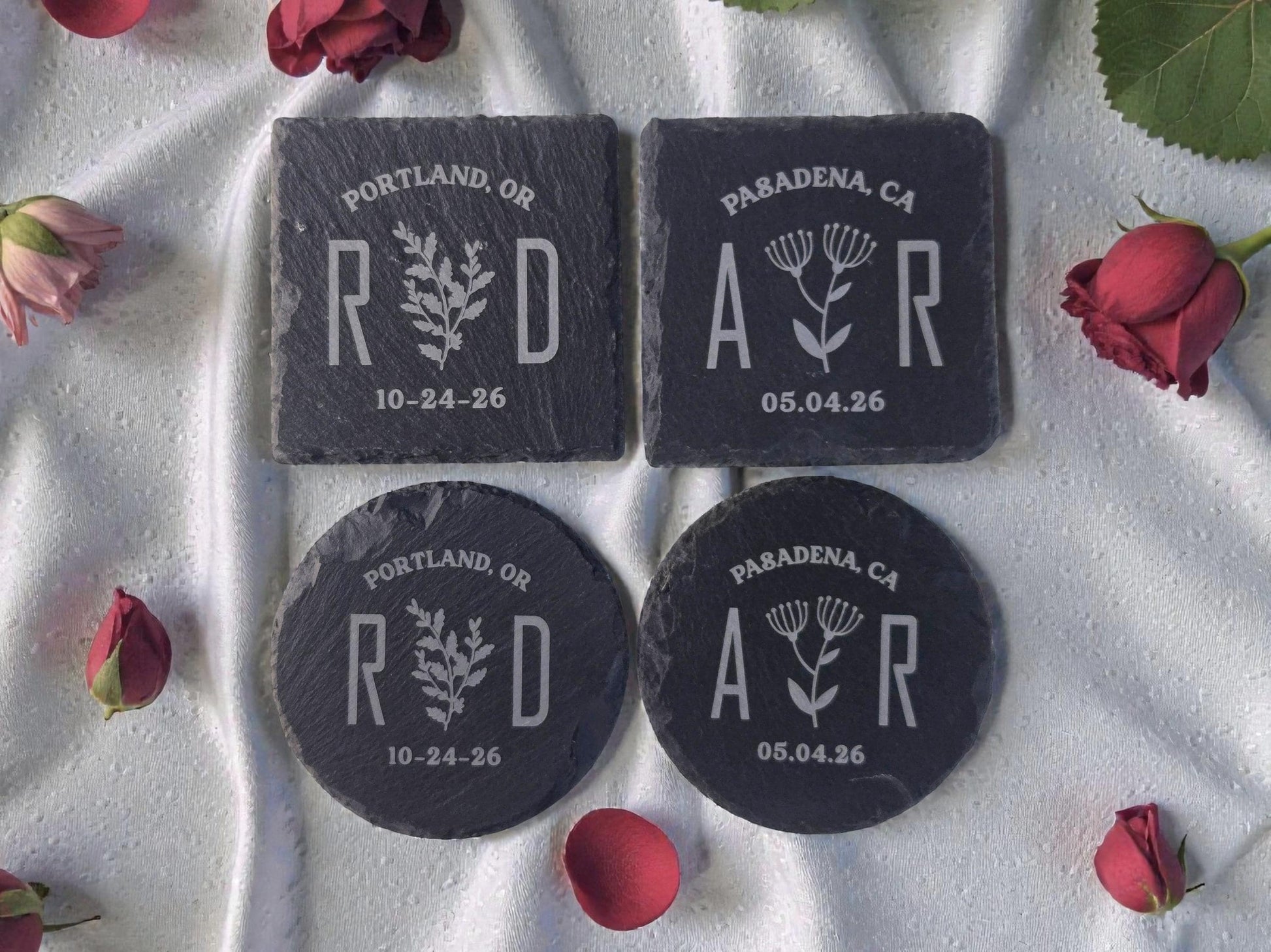 Botanical Wedding Favor, Personalized Slate Coaster Bulk Wedding Favors, Custom Engraved Wedding Guest Favors, Round Or Square Slate Coaster