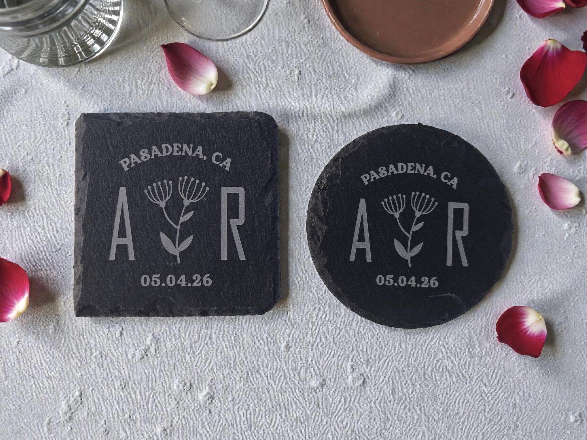 Botanical Wedding Favor, Personalized Slate Coaster Bulk Wedding Favors, Custom Engraved Wedding Guest Favors, Round Or Square Slate Coaster