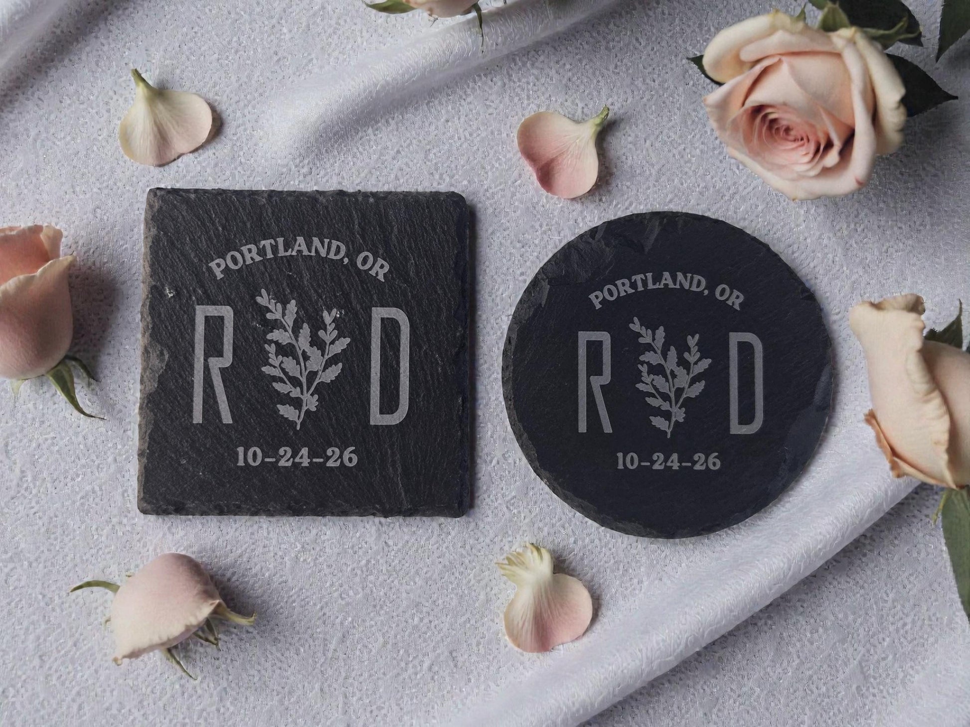 Botanical Wedding Favor, Personalized Slate Coaster Bulk Wedding Favors, Custom Engraved Wedding Guest Favors, Round Or Square Slate Coaster