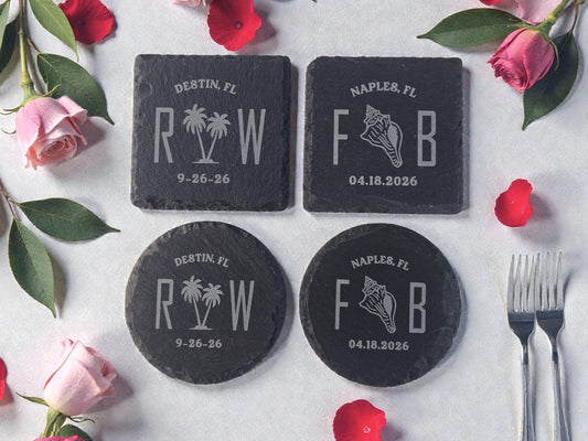 Beach Wedding Favor, Coastal Bulk Wedding Favors, Custom Engraved Wedding Guest Favors, Round Or Square Personalized Slate Coaster