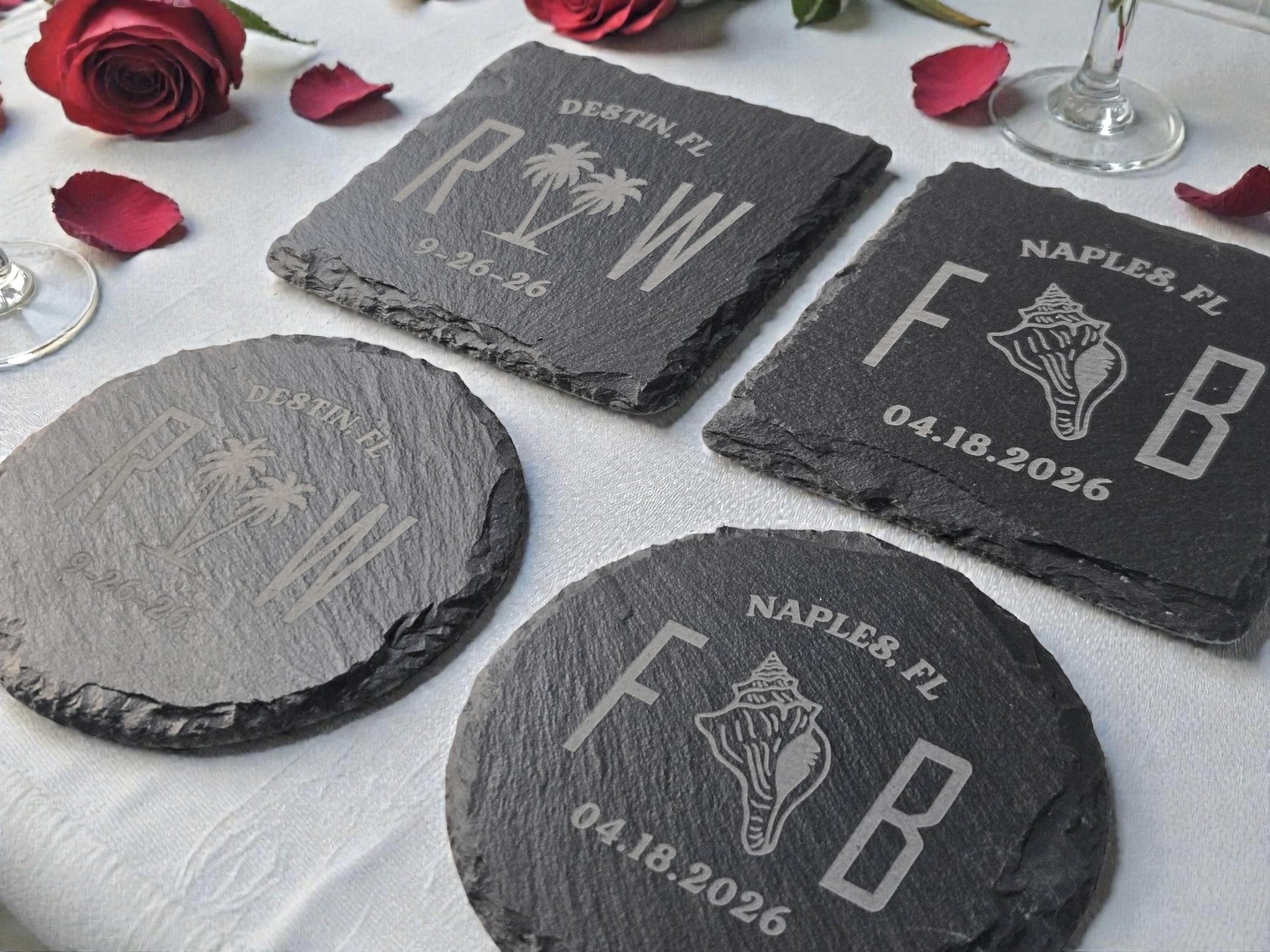 Beach Wedding Favor, Coastal Bulk Wedding Favors, Custom Engraved Wedding Guest Favors, Round Or Square Personalized Slate Coaster