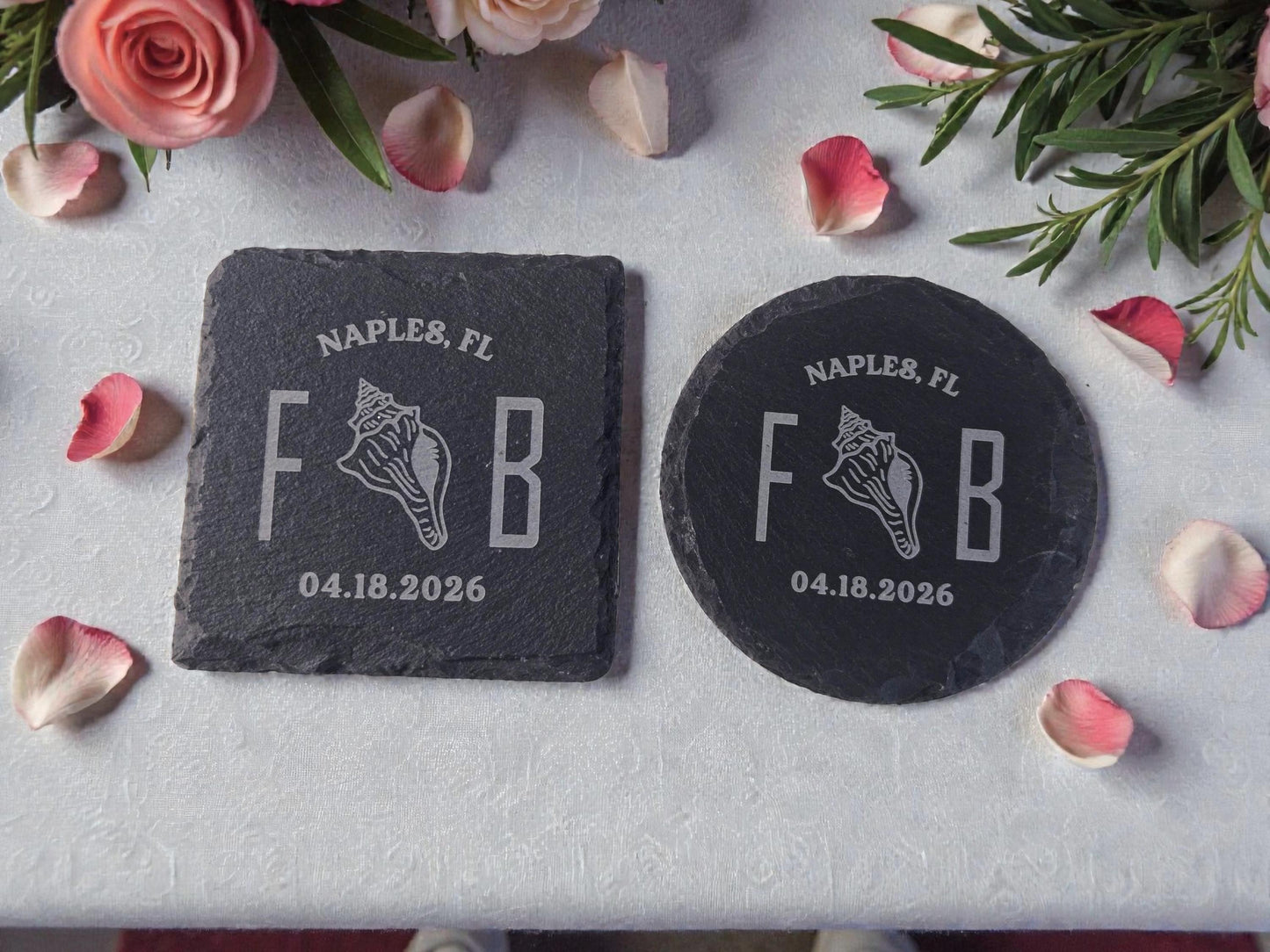 Beach Wedding Favor, Coastal Bulk Wedding Favors, Custom Engraved Wedding Guest Favors, Round Or Square Personalized Slate Coaster