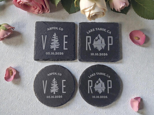 Mountain Wedding Favor, Rustic Bulk Wedding Favors, Custom Engraved Wedding Guest Favors, Round Or Square Personalized Slate Coaster
