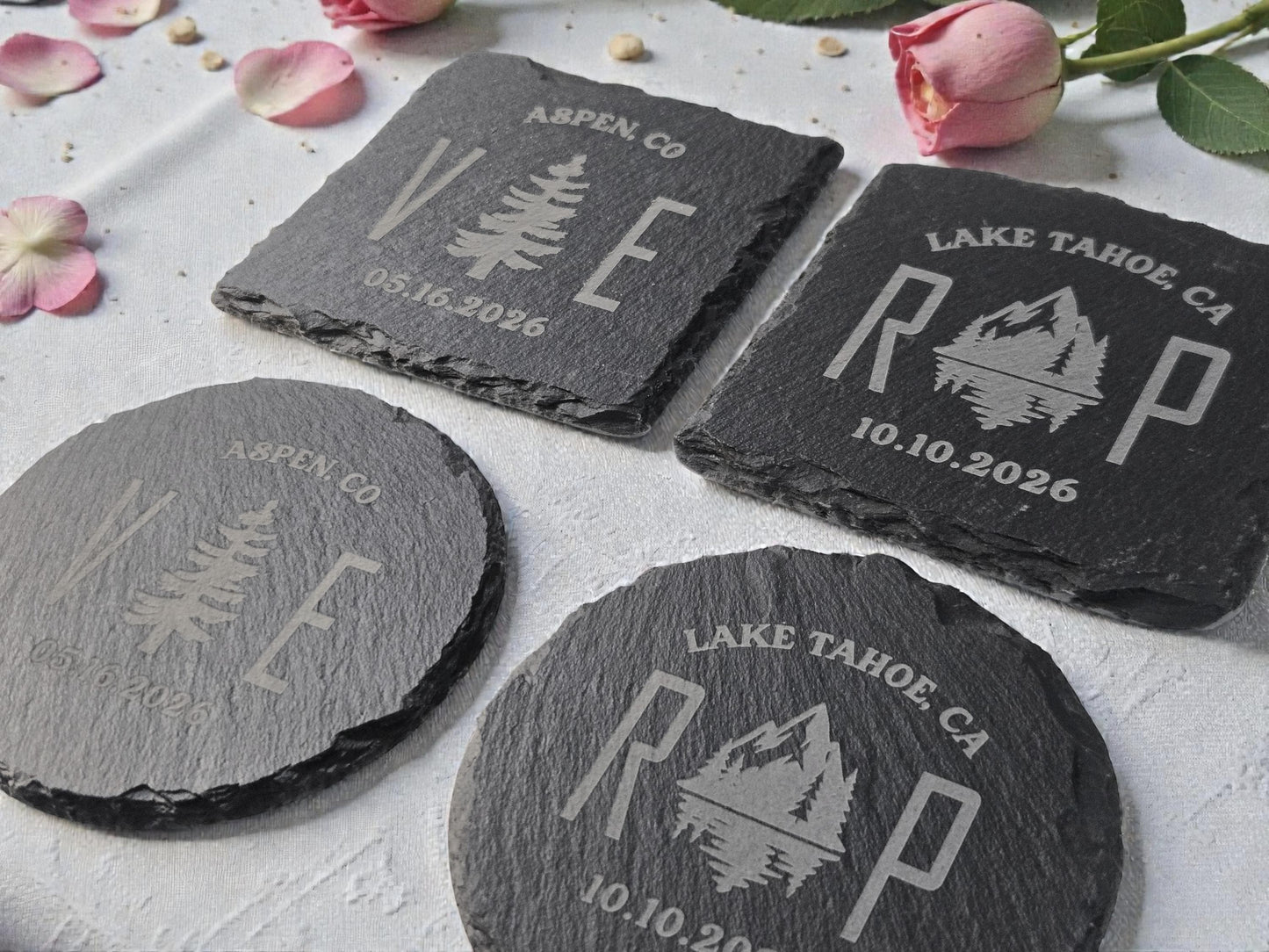 Mountain Wedding Favor, Rustic Bulk Wedding Favors, Custom Engraved Wedding Guest Favors, Round Or Square Personalized Slate Coaster