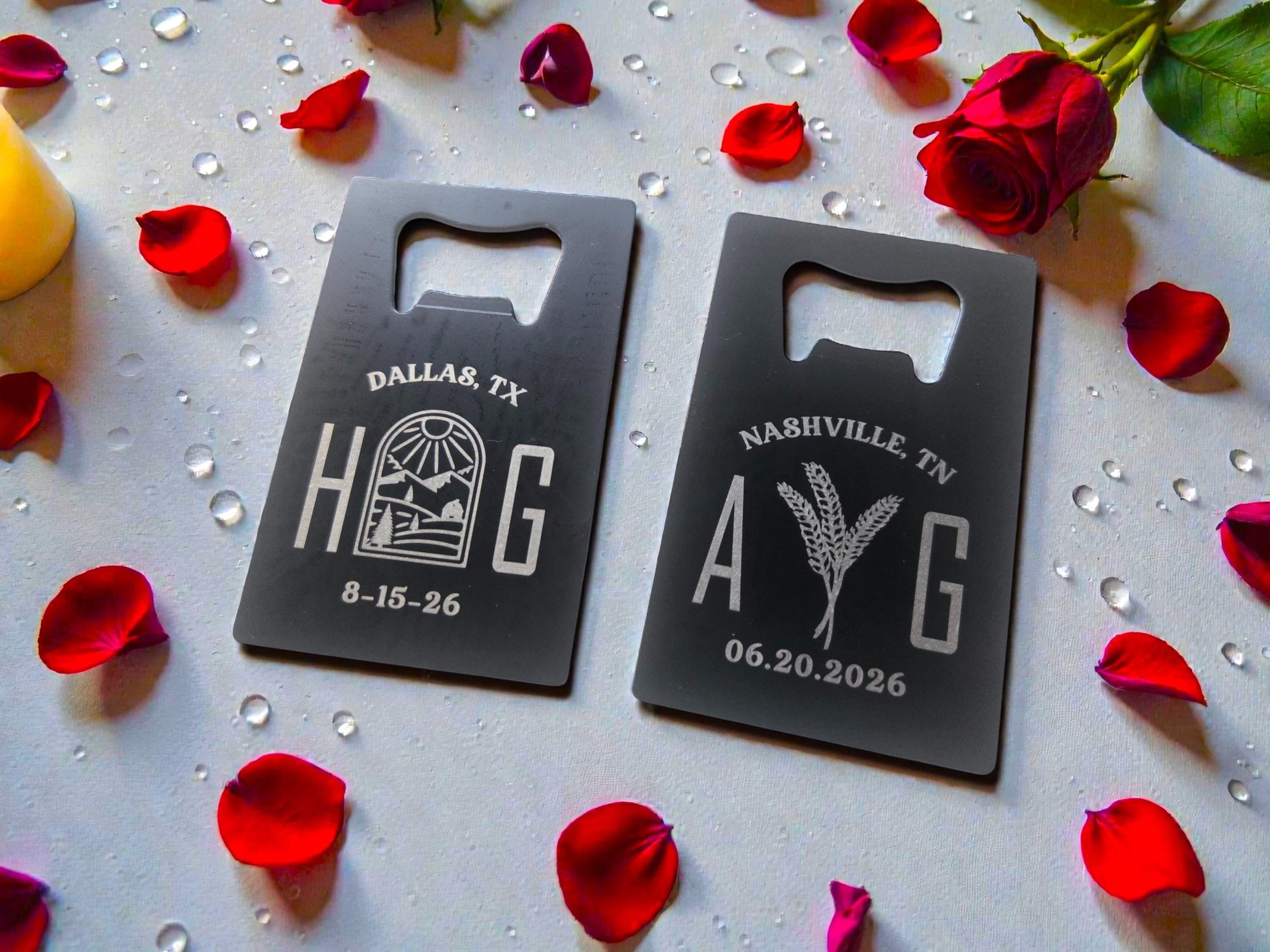 Magnetic Farm Wedding Favors, Custom Engraved Black Card Magnet Bottle Opener, Rustic Personalized Wedding Guest Favors, Durable Steel