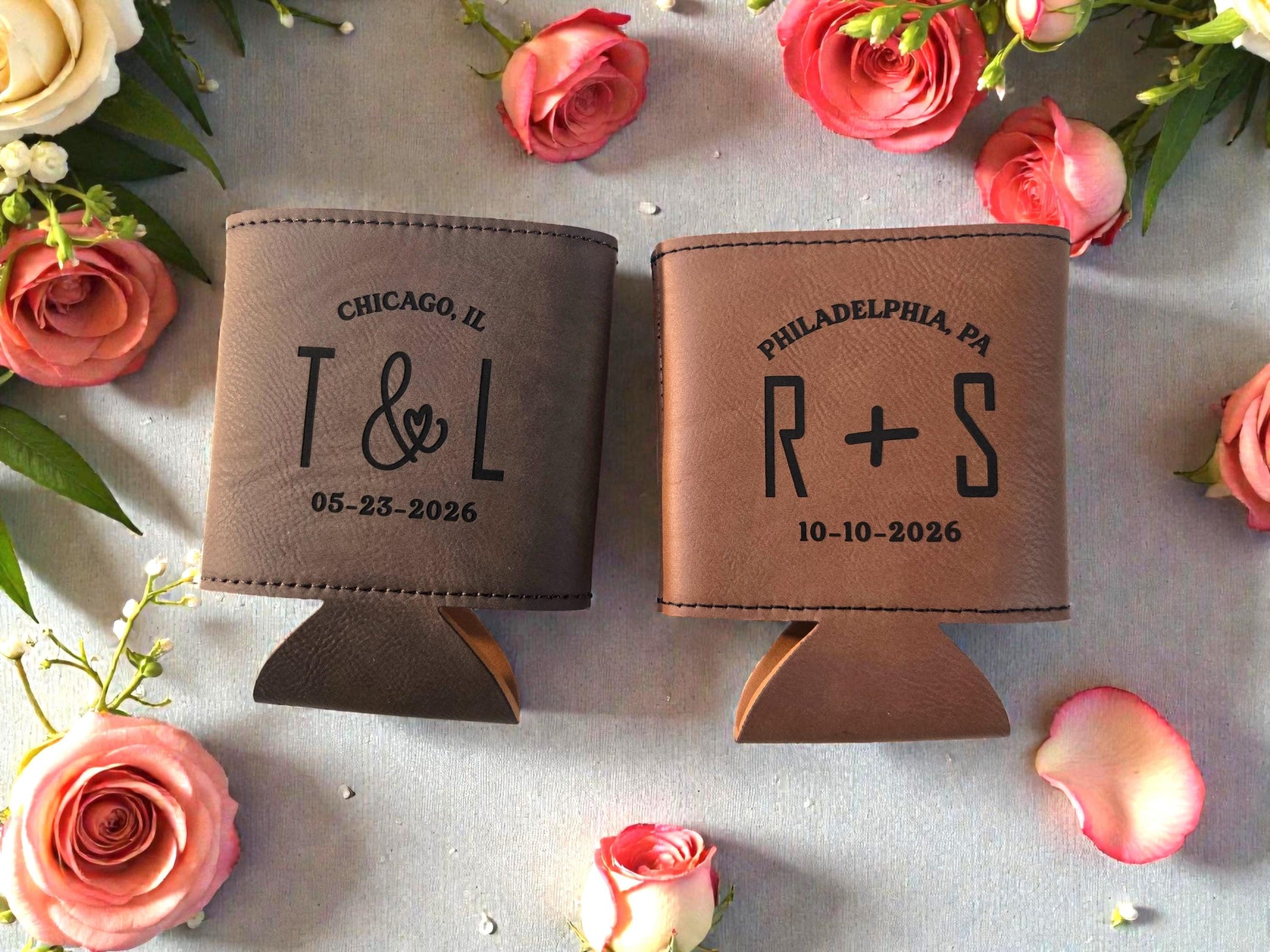 Classic Wedding Favors, Custom Leatherette Can Cozie Beverage Holder, Personalized Wedding Guest Favor, Gold/Silver/Brown/Rawhide/Gray