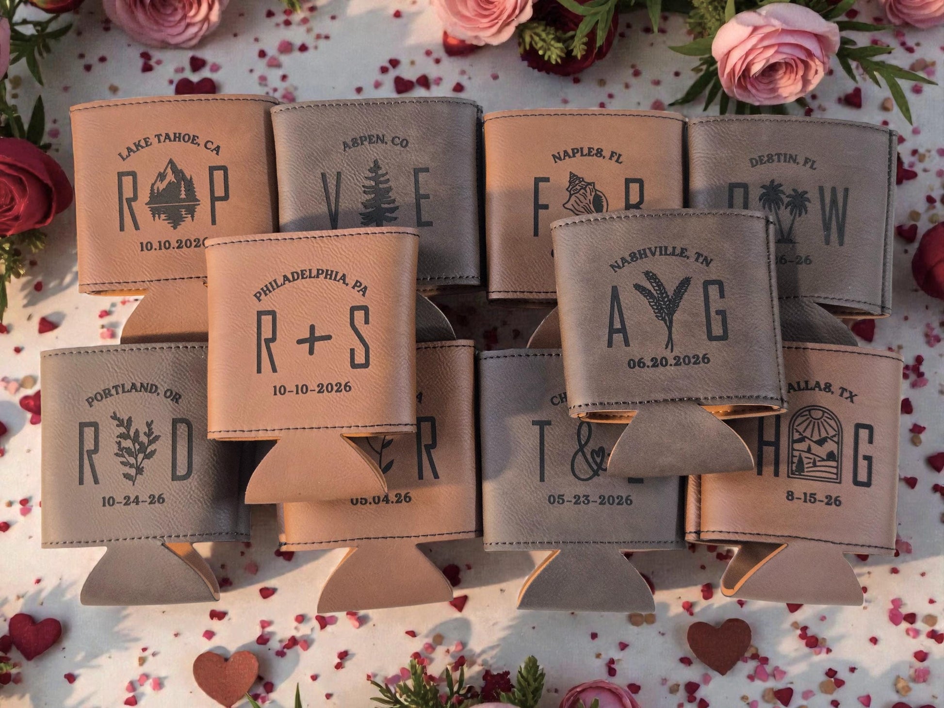 Bulk Wedding Cozies, Custom Engraved Leatherette Cozie Beverage Holder, Personalized Wedding Guest Favors, Gold/Silver/Gray/Rawhide/Brown