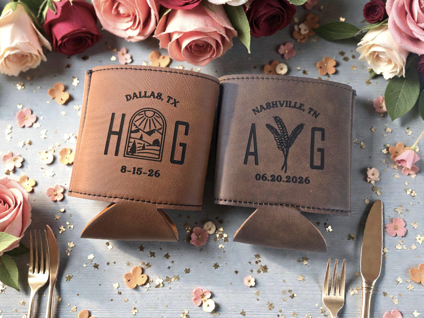 Farm Wedding Favors, Custom Engraved Leatherette Can Cozie Beverage Holder, Personalized Wedding Guest Favor, Gold/Silver/Gray/Rawhide/Brown