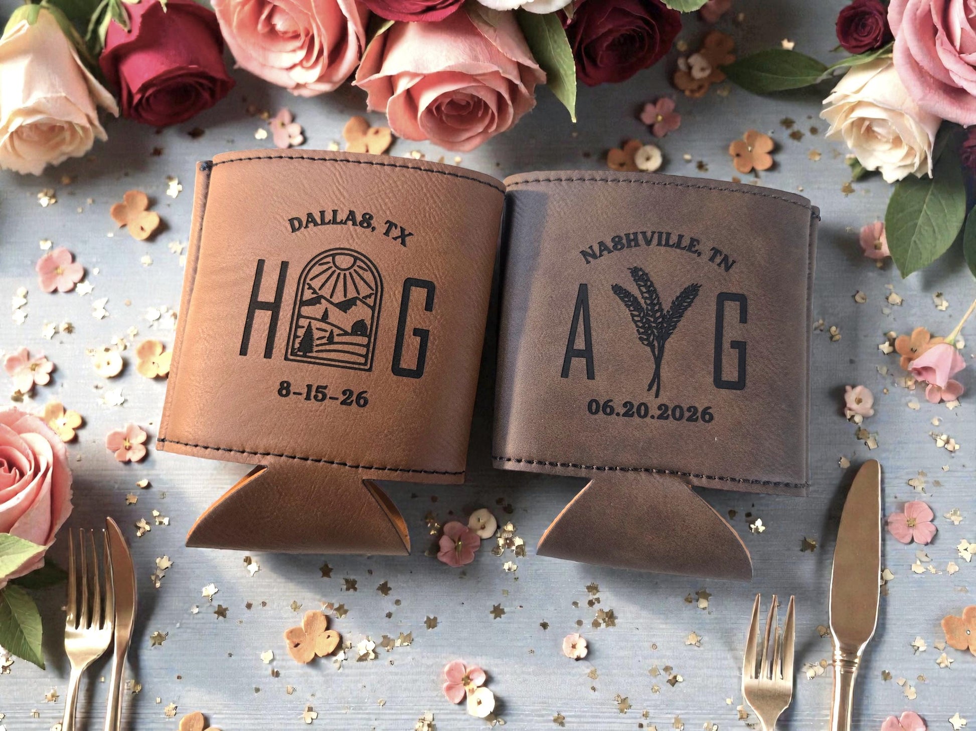 Farm Wedding Favors, Custom Engraved Leatherette Can Cozie Beverage Holder, Personalized Wedding Guest Favor, Gold/Silver/Gray/Rawhide/Brown