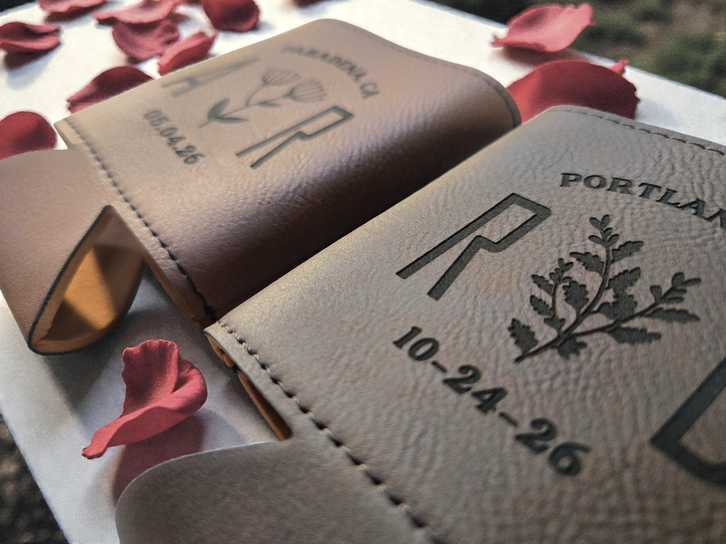 Botanical Wedding Favors, Engraved Leatherette Can Cozie Beverage Holder, Personalized Wedding Guest Favor, Gold/Silver/Brown/Rawhide/Gray