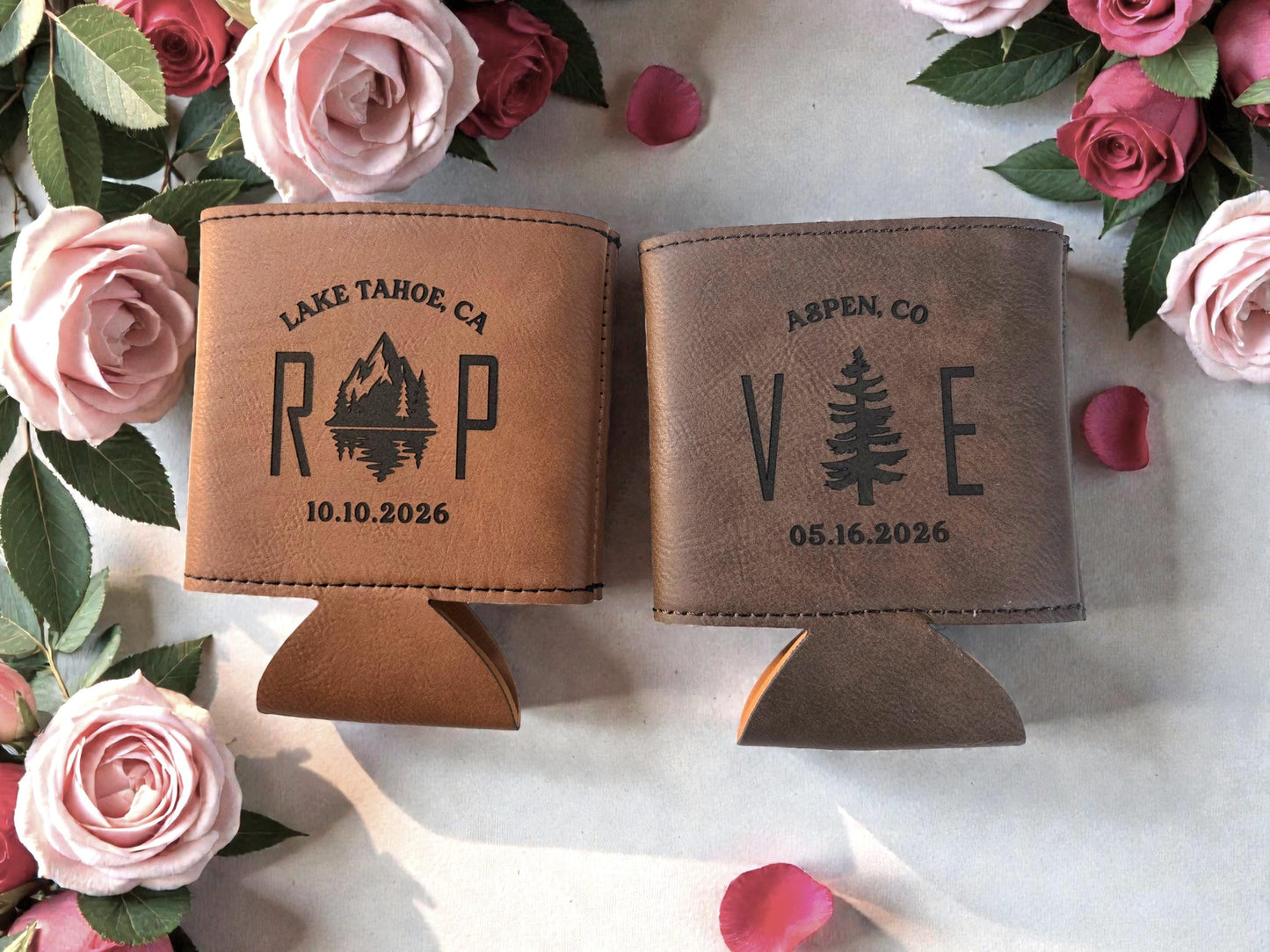 Bulk Wedding Favors, Engraved Leatherette Cozie Beverage Holder, Personalized Outdoors Wedding Guest Favor, Gold/Silver/Brown/Gray/Rawhide