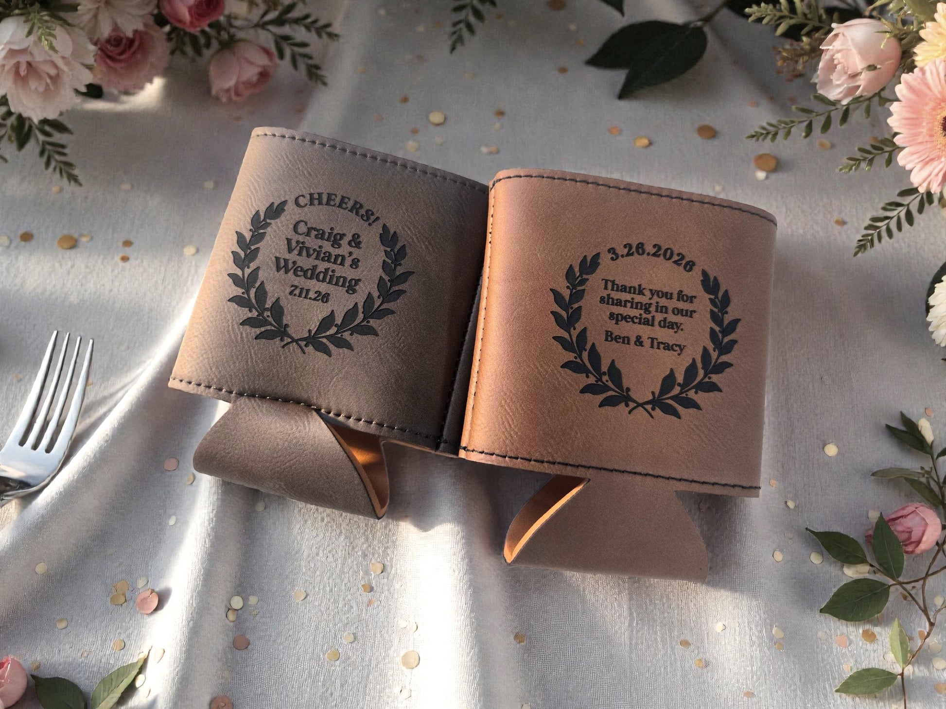 Personalized Wedding Favor Cozie, Laurel Design, Laser Engraved Beverage Holder, Bulk Wedding Guest Favors, Gold/Silver/Gray/Rawhide/Brown