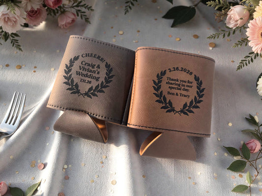 Personalized Wedding Favor Cozie, Circular Laurel Design, Engraved Leatherette Beverage Holder, Bulk Wedding Guest Favors, Fits Cans/Bottles