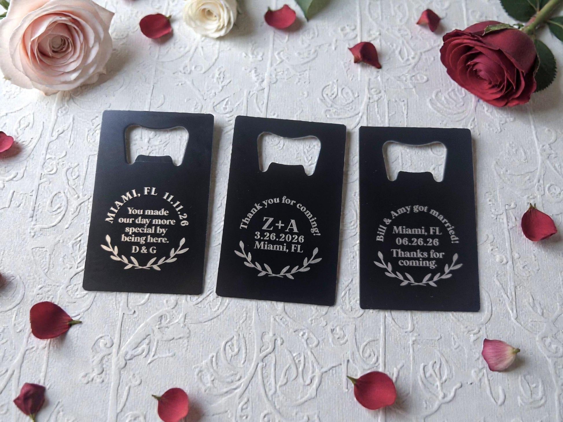 Personalized Wedding Favor Bottle Openers, Laurel Design, Engraved Black Card Bottle Opener, Bulk Wedding Favors, Durable Steel