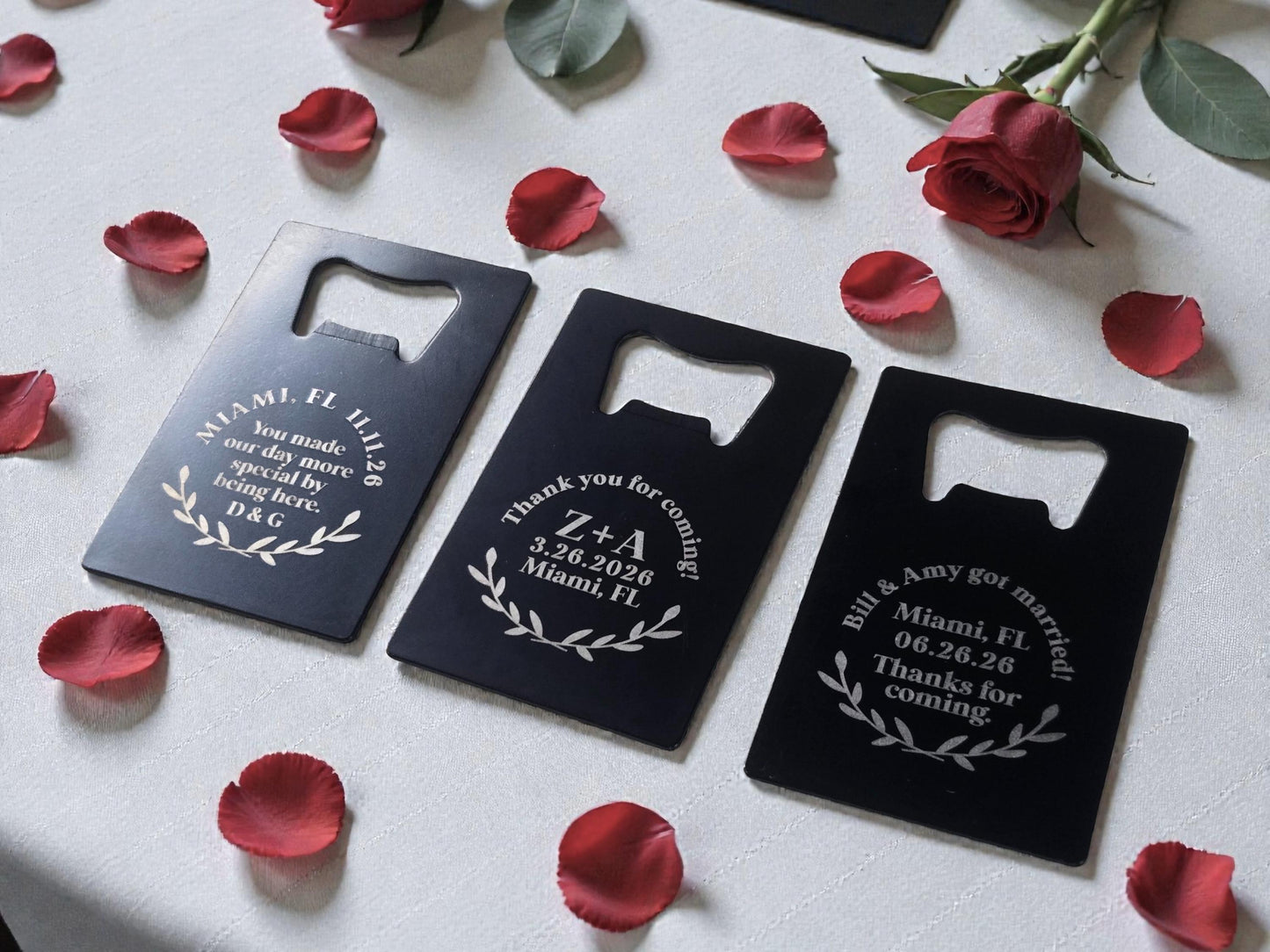 Personalized Wedding Favor Bottle Openers, Laurel Design, Engraved Black Card Bottle Opener, Bulk Wedding Favors, Durable Steel