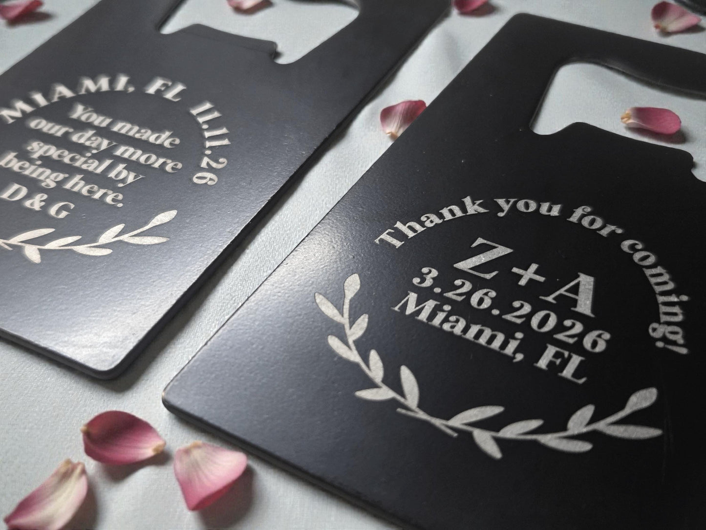 Personalized Wedding Favor Bottle Openers, Laurel Design, Engraved Black Card Bottle Opener, Bulk Wedding Favors, Durable Steel