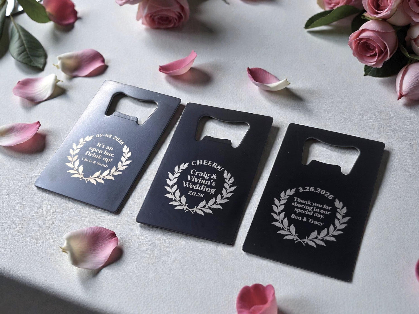 Magnetic Personalized Wedding Favor Bottle Openers, Circular Laurel Design, Engraved Black Card Magnet Bottle Opener, Bulk Wedding Favors