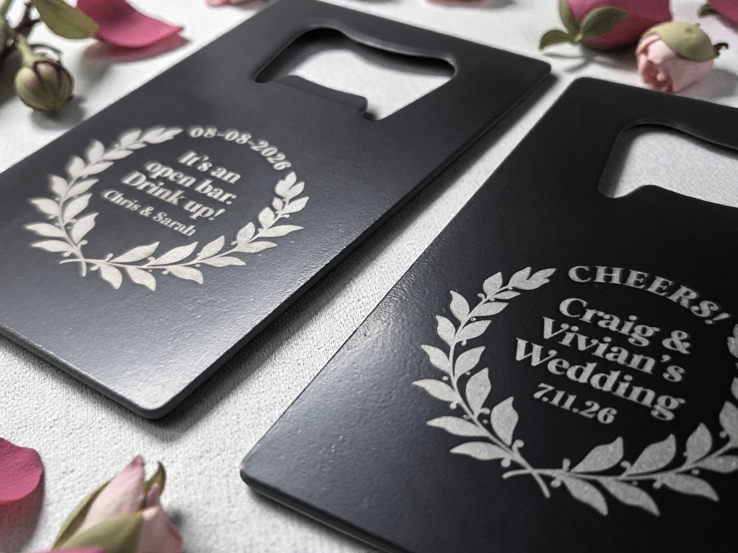 Personalized Wedding Favor Bottle Openers, Circular Laurel Design, Engraved Black Card Bottle Opener, Bulk Wedding Favors, Durable Steel