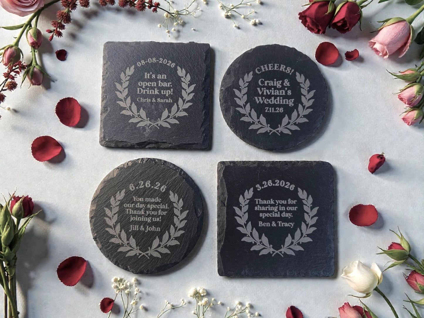Personalized Wedding Favor Slate Coaster, Circular Laurel Design, Bulk Wedding Favors, Custom Engraved Wedding Guest Favors, Round Or Square