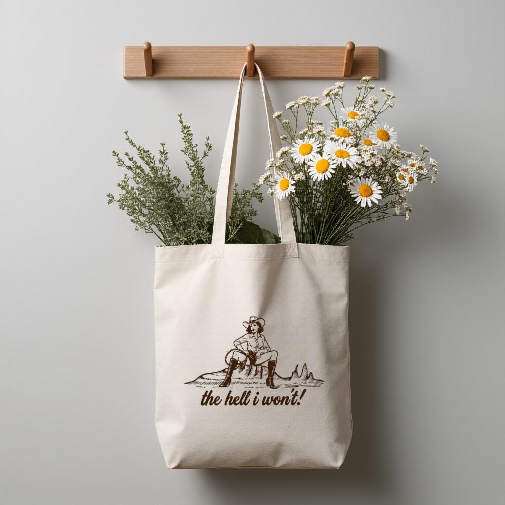 Cowgirl Tote Bag with Funny Western Quote, Minimal Line Art Cowboy Girl Design, Gift for Cowgirl Lovers