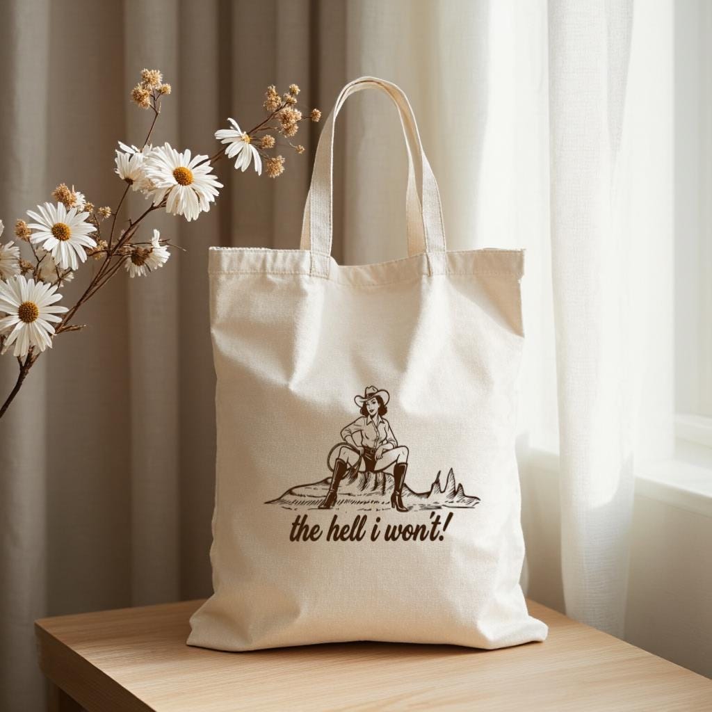 Cowgirl Tote Bag with Funny Western Quote, Minimal Line Art Cowboy Girl Design, Gift for Cowgirl Lovers