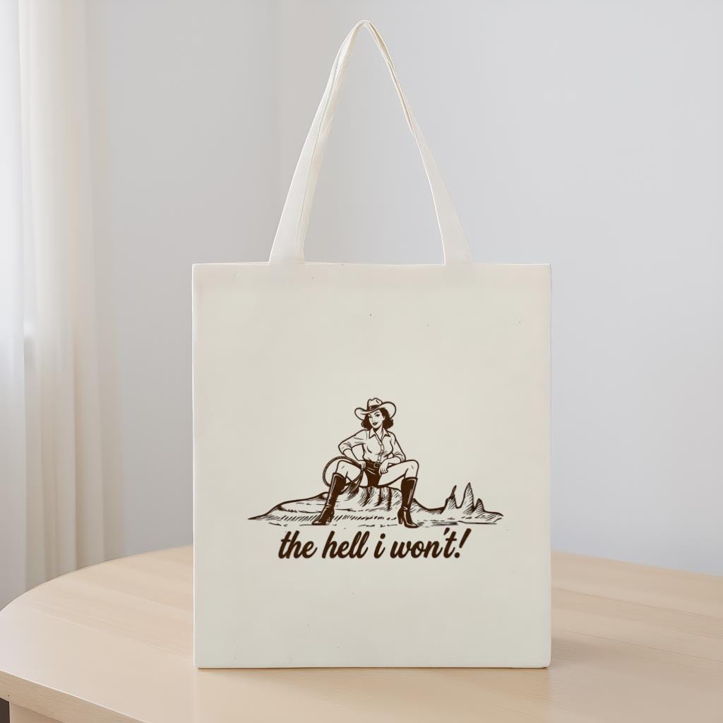 Cowgirl Tote Bag with Funny Western Quote, Minimal Line Art Cowboy Girl Design, Gift for Cowgirl Lovers