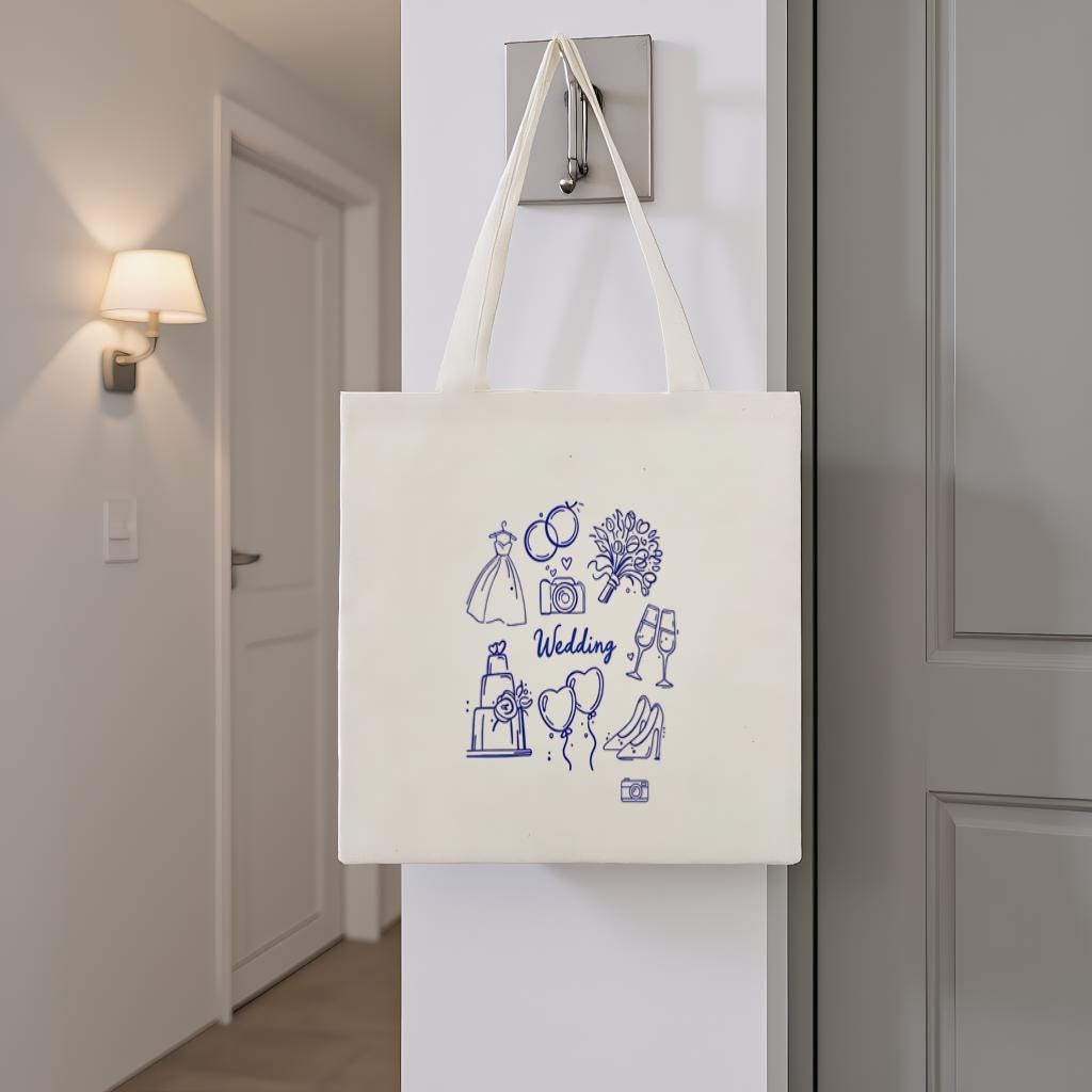 Wedding Tote Bag, Minimal Blue Line Art Bridal Icons Canvas Shopper, Gift for Bride and Bridesmaids