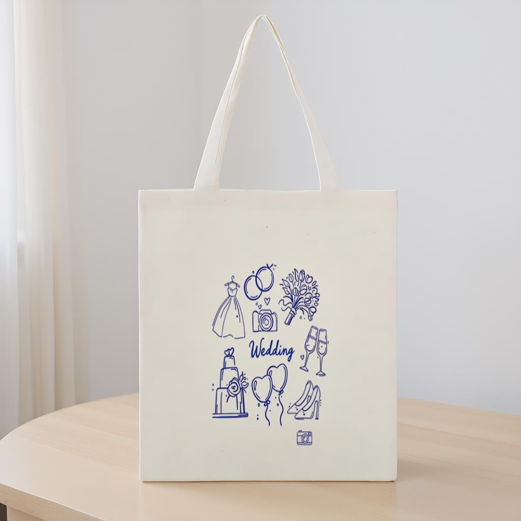 Wedding Tote Bag, Minimal Blue Line Art Bridal Icons Canvas Shopper, Gift for Bride and Bridesmaids