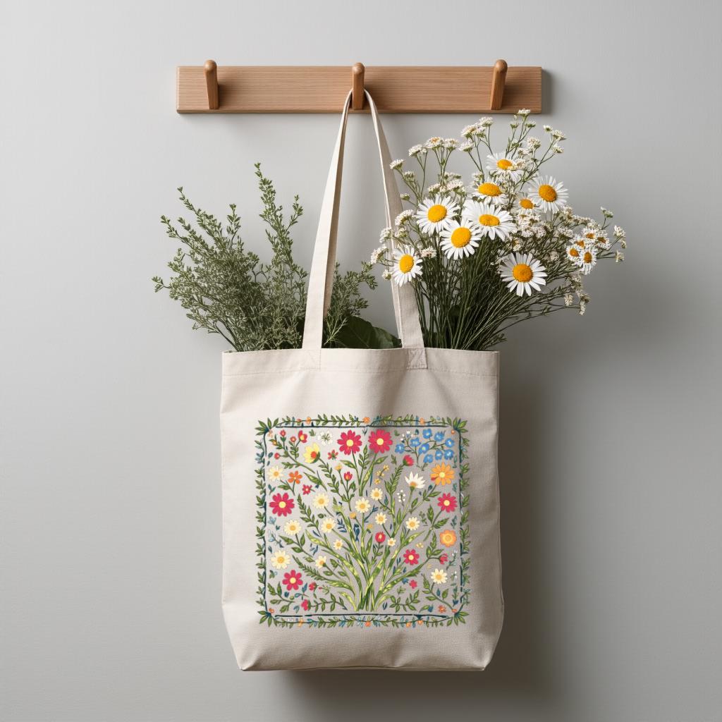 Floral Tote Bag, Wildflower Botanical Illustration Cotton-Style Shopper Bag, Gift for Garden Lovers