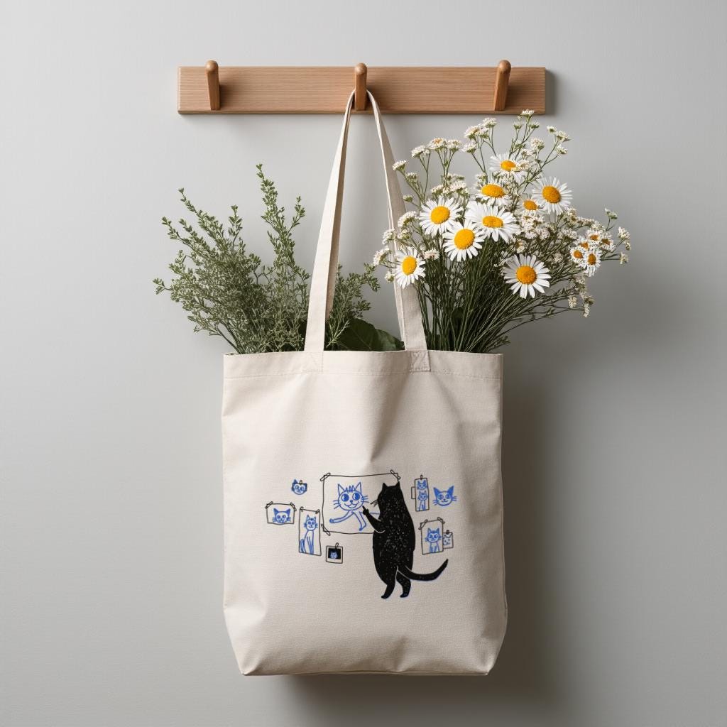 Cat Tote Bag, Cute Cartoon Cat Art Print Canvas Shopper, Gift for Cat Lovers, Everyday Use Reusable Bag