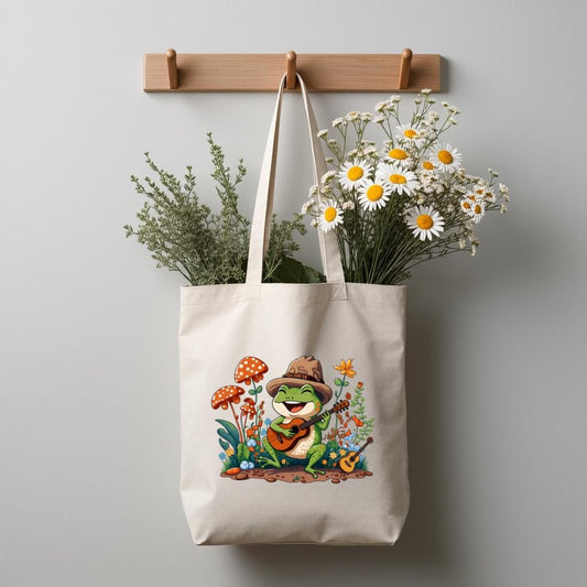 Cute Frog Tote Bag, Cottagecore Mushroom Garden Illustration, Nature Lover Gift for Her, Everyday Use Bag