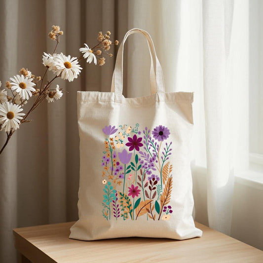 Floral Tote Bag, Colorful Wildflower Botanical Design, Reusable Shopping Bag, Gift for Flower Lovers