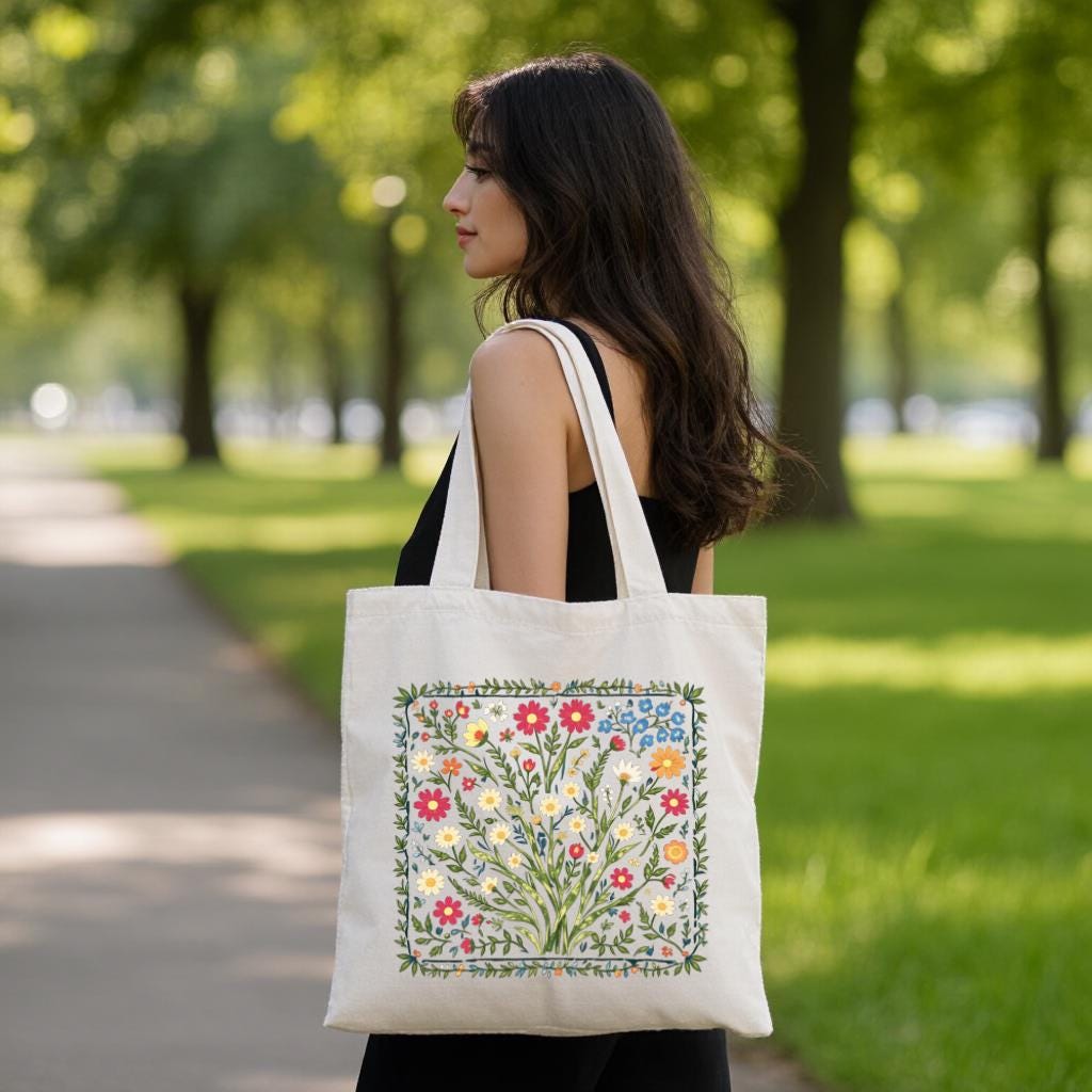 Floral Tote Bag, Wildflower Botanical Illustration Cotton-Style Shopper Bag, Gift for Garden Lovers