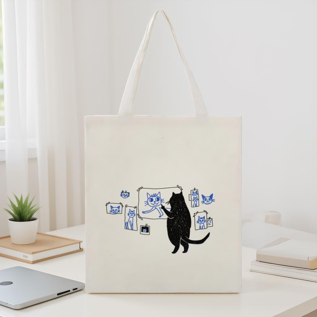 Cat Tote Bag, Cute Cartoon Cat Art Print Canvas Shopper, Gift for Cat Lovers, Everyday Use Reusable Bag